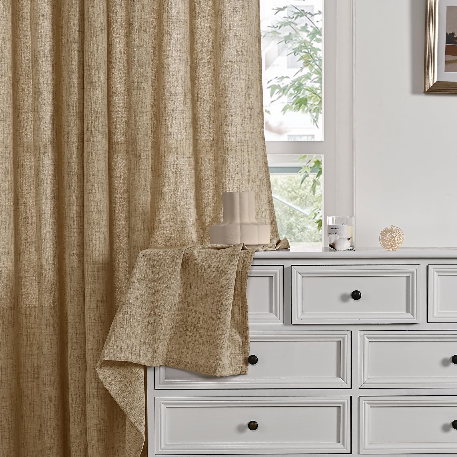 Burlap Linen Curtains 63 Inch Length for Living Room Window (2 Count)