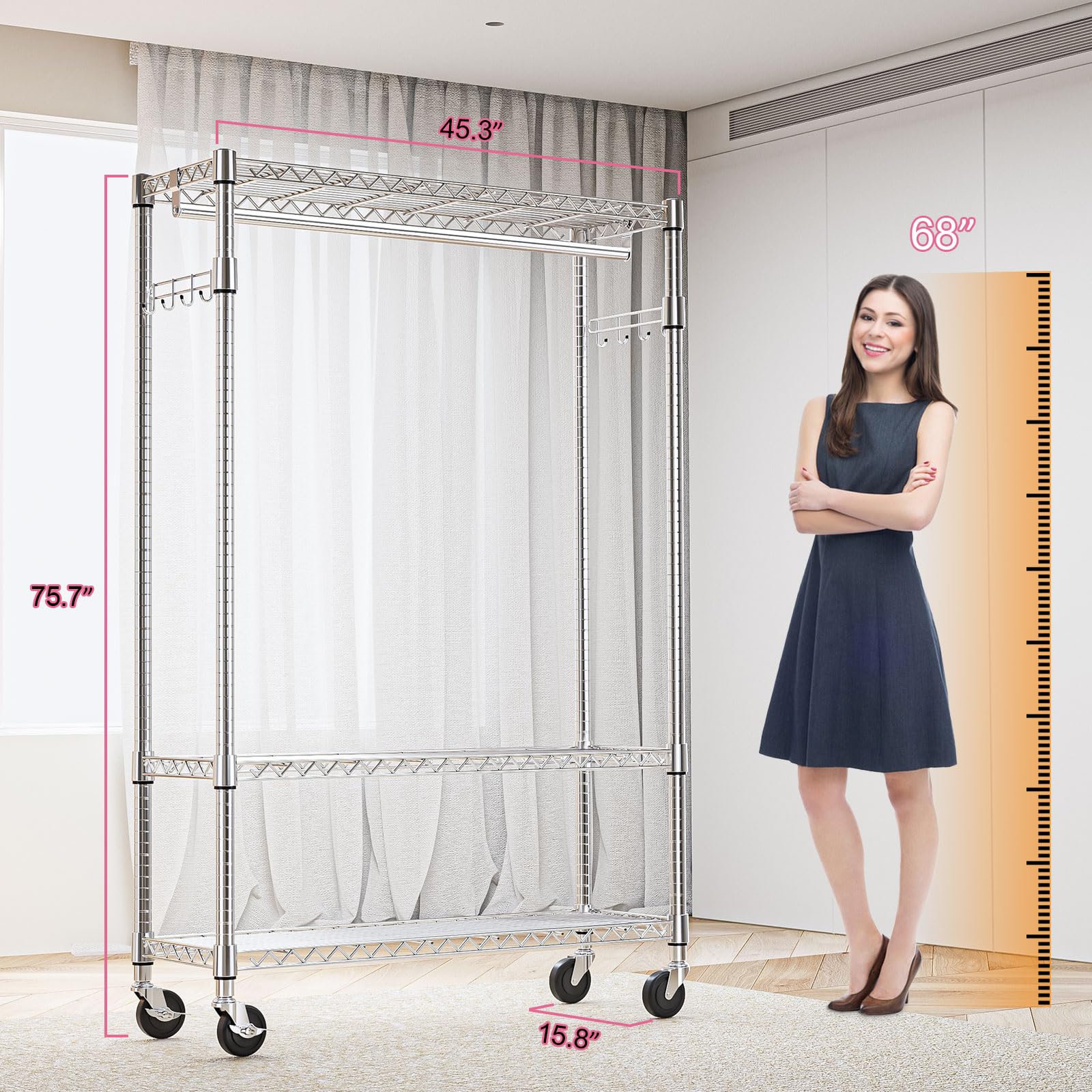 Heavy Duty Rolling Garment Rack 3 Tiers Adjustable Wire Shelving Clothes Rack with 1 Rods and Side Hooks