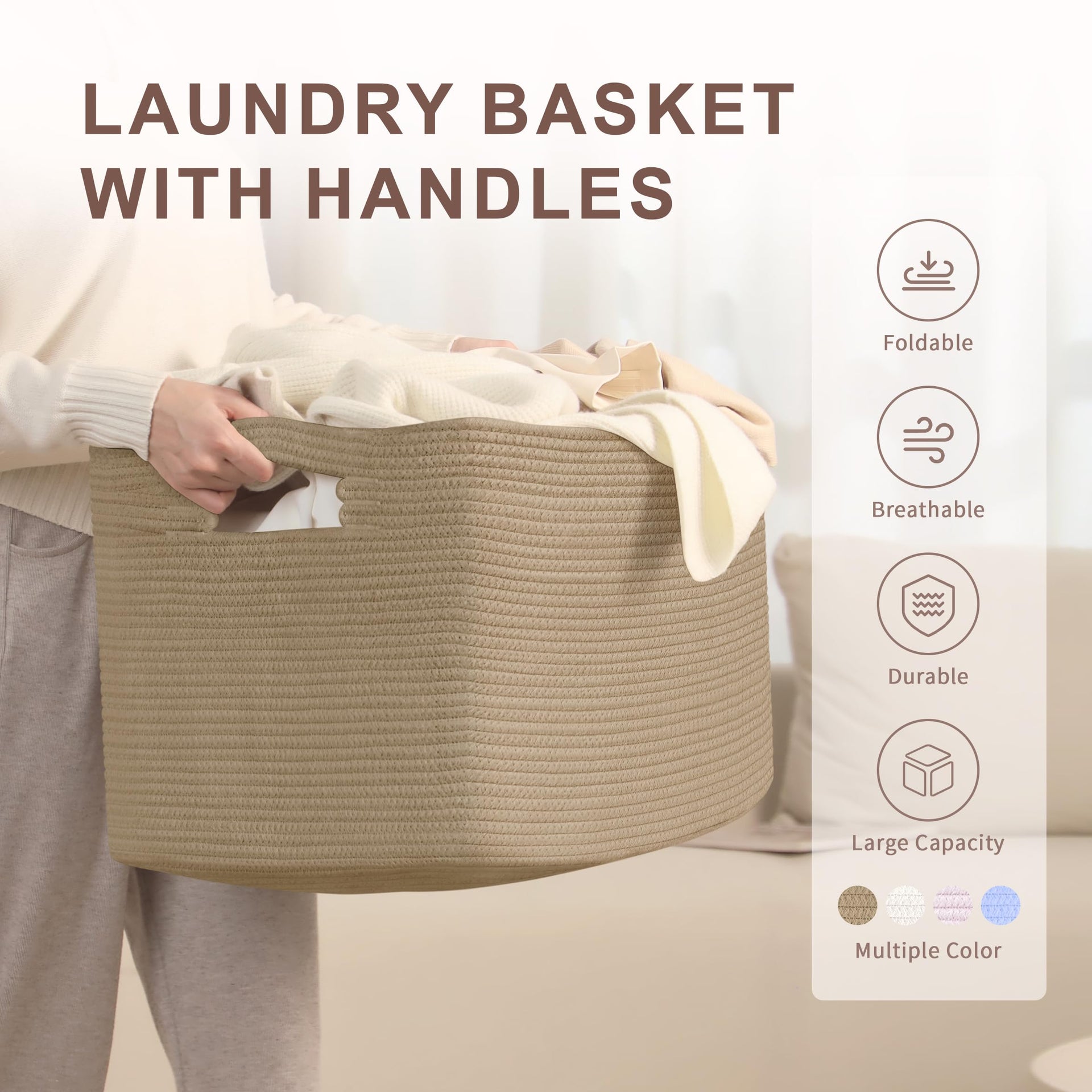 86L Large Woven Laundry Basket Hamper with Handles