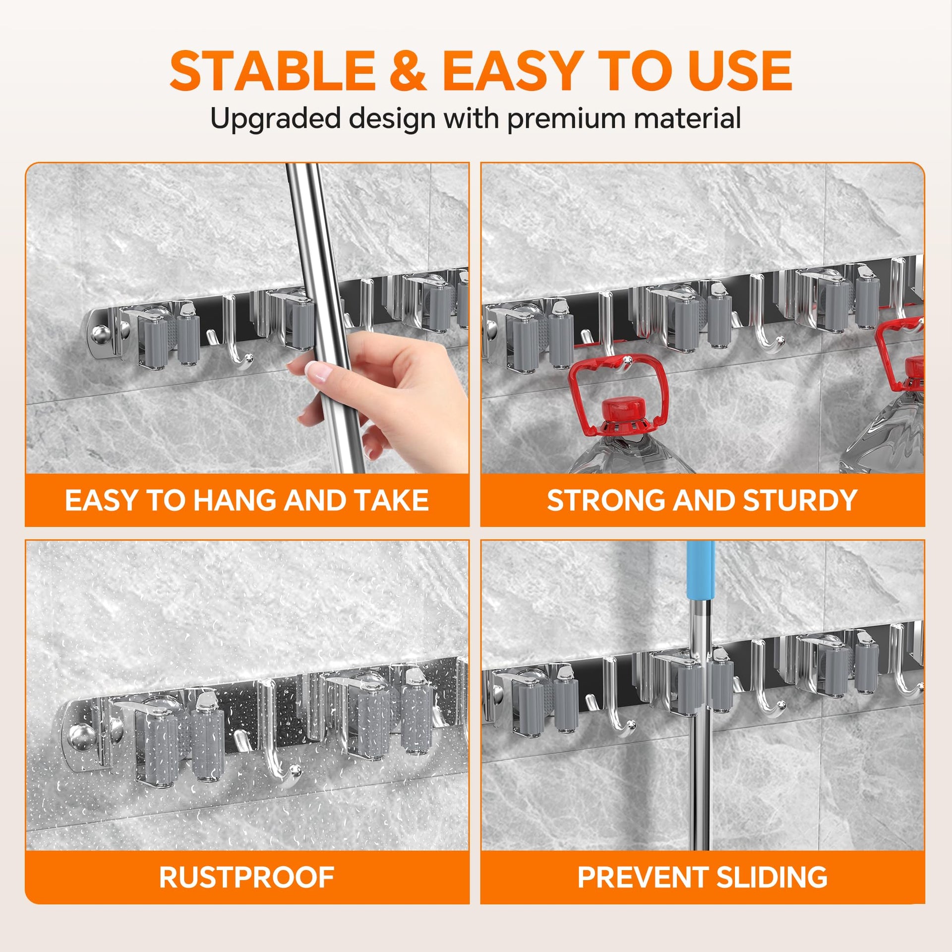 5 Grippers Broom Holder Wall Mount with 4 Hooks Stainless Steel