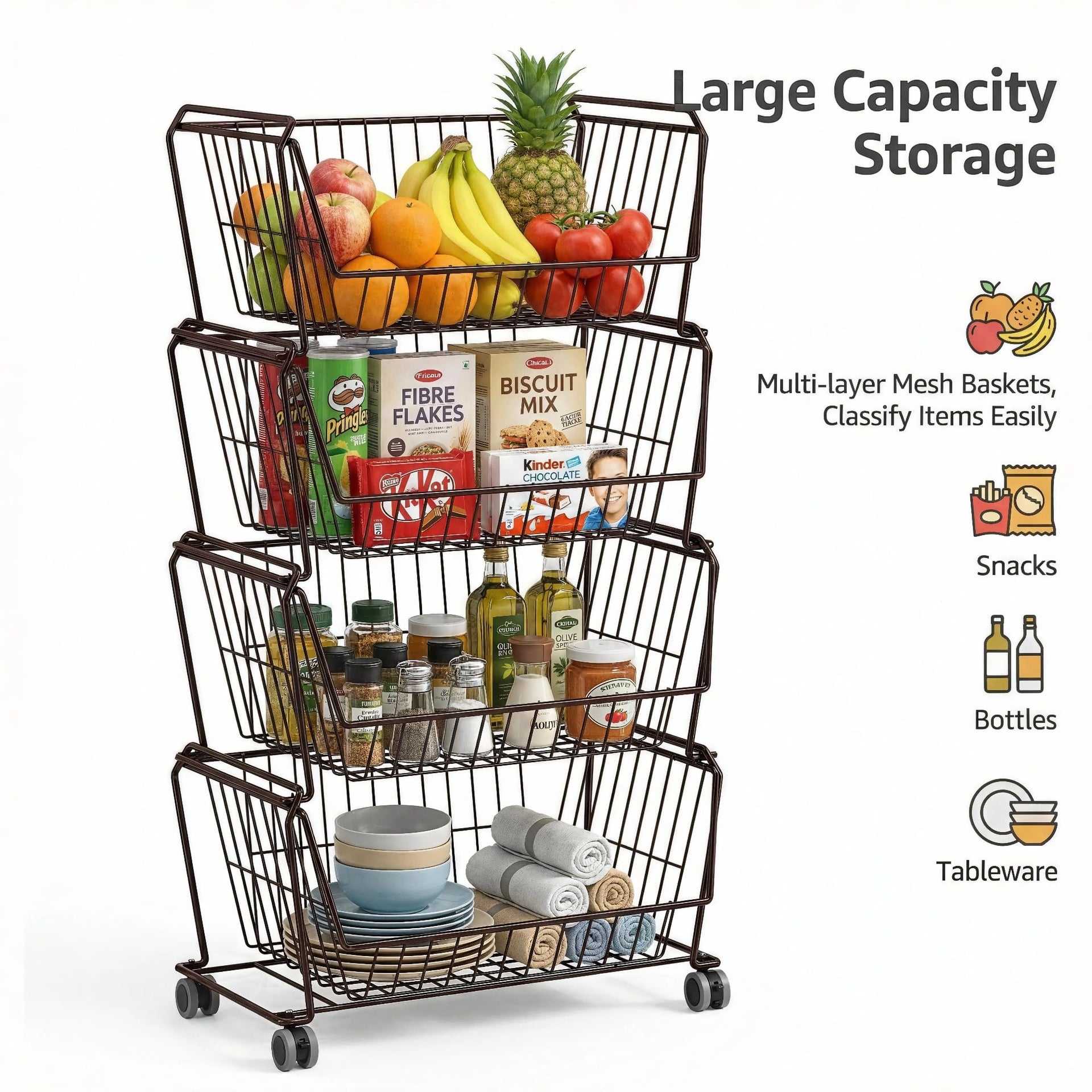 4 Tier Spacious Stackable Wire Storage Baskets with Wheels (4 Count)