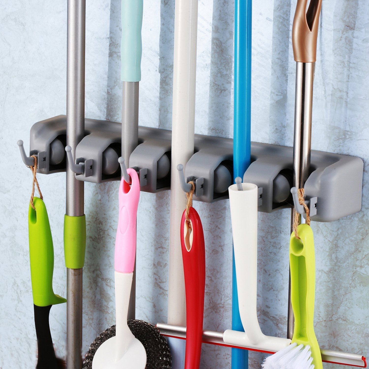 Mop and Broom Holder Wall Mounted 5 Position Storage Rack with 6 Retractable Hooks Holds up to 11 Tools Utility Weatherproof Holder for Garage Storage Systems Broom Organizer