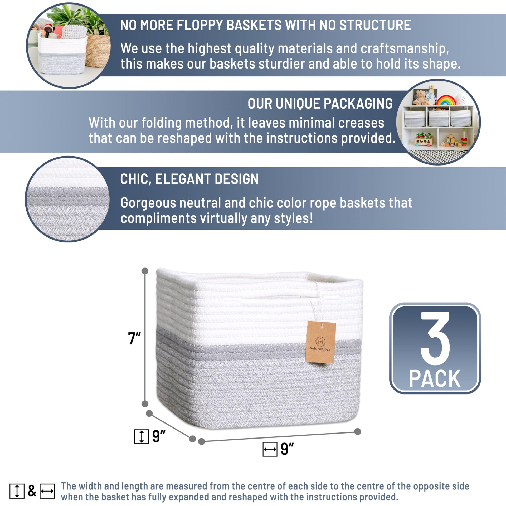 Storage Cubes 9”x9”x7”Cotton Rope Woven Baskets for Organizing 3 (3 Count)