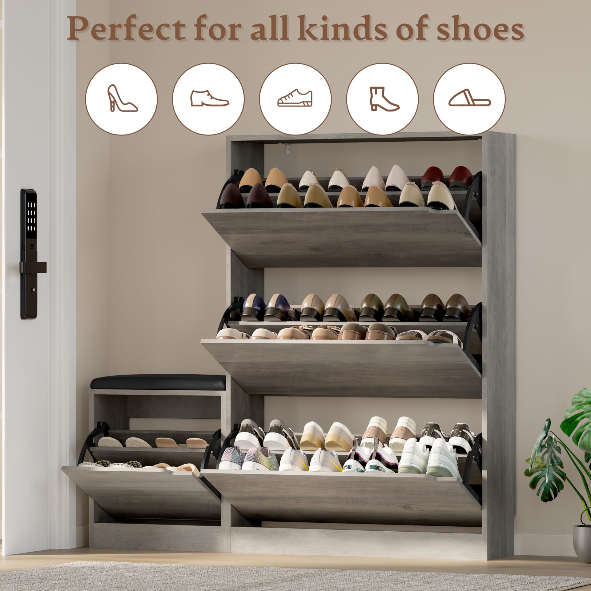 Shoe Cabinet with Bench and 3 Flip Drawers