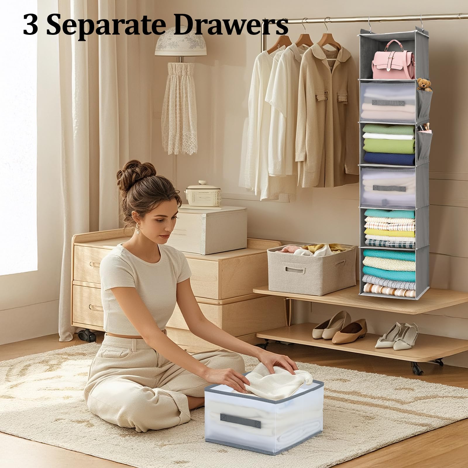 6 Shelf Hanging Closet Organizer with 3 Drawers & Side Pockets