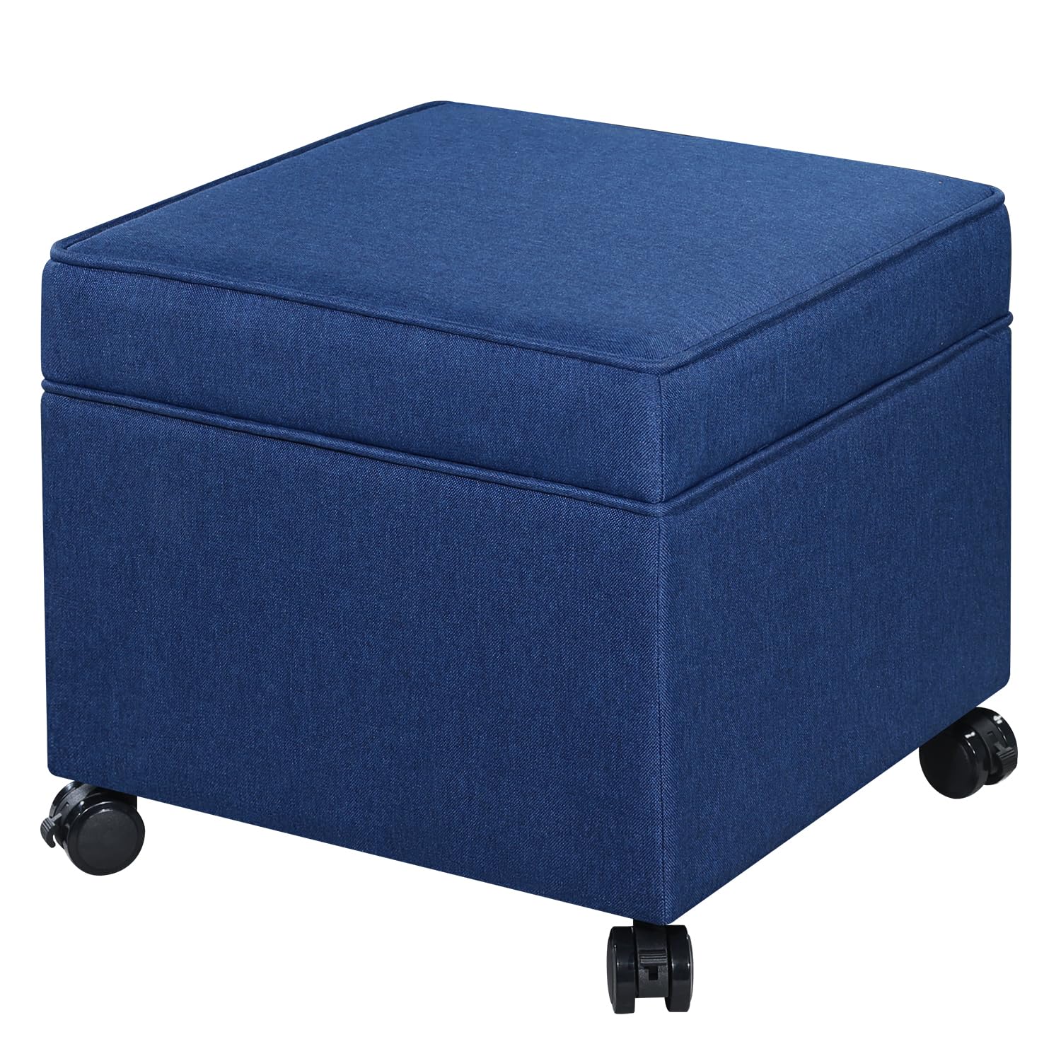 17.5" Navy Blue Square Fabric Storage Ottoman with Rolling Legs