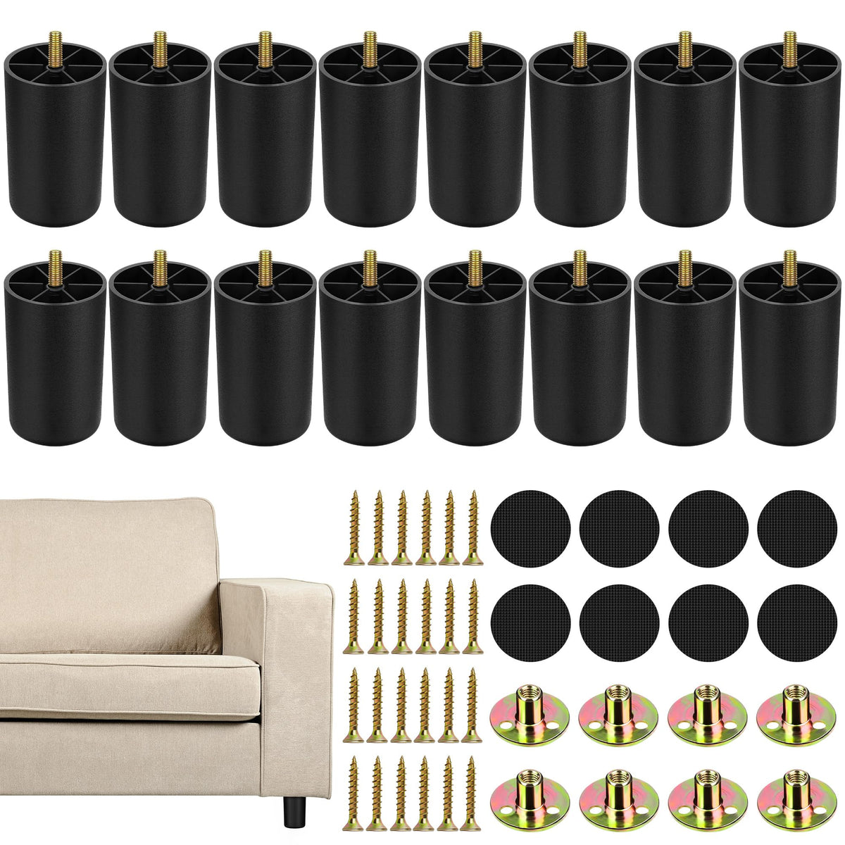 16 Pack 3 Inch Plastic Furniture Legs with M8 T