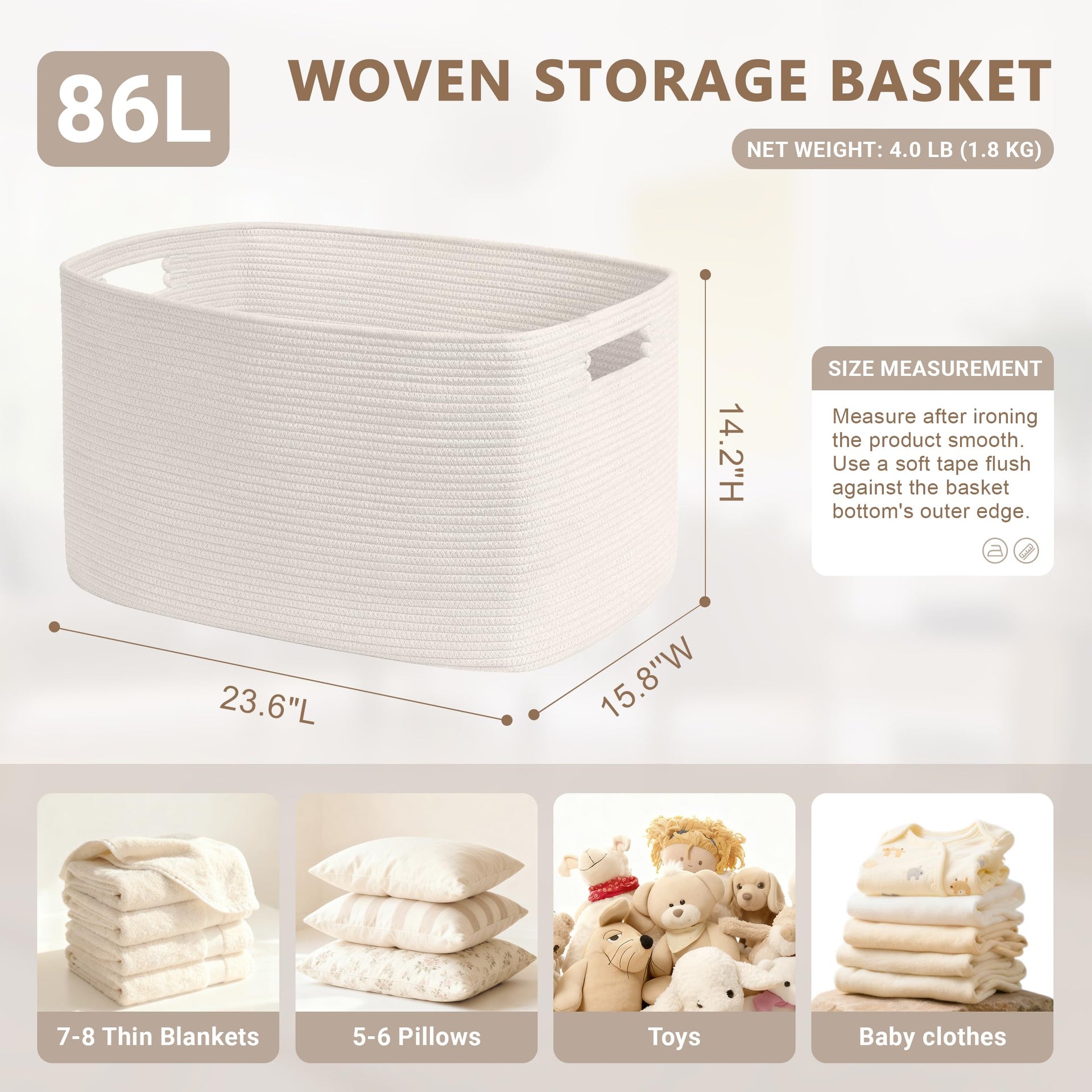 86L Large Woven Laundry Basket Hamper with Handles