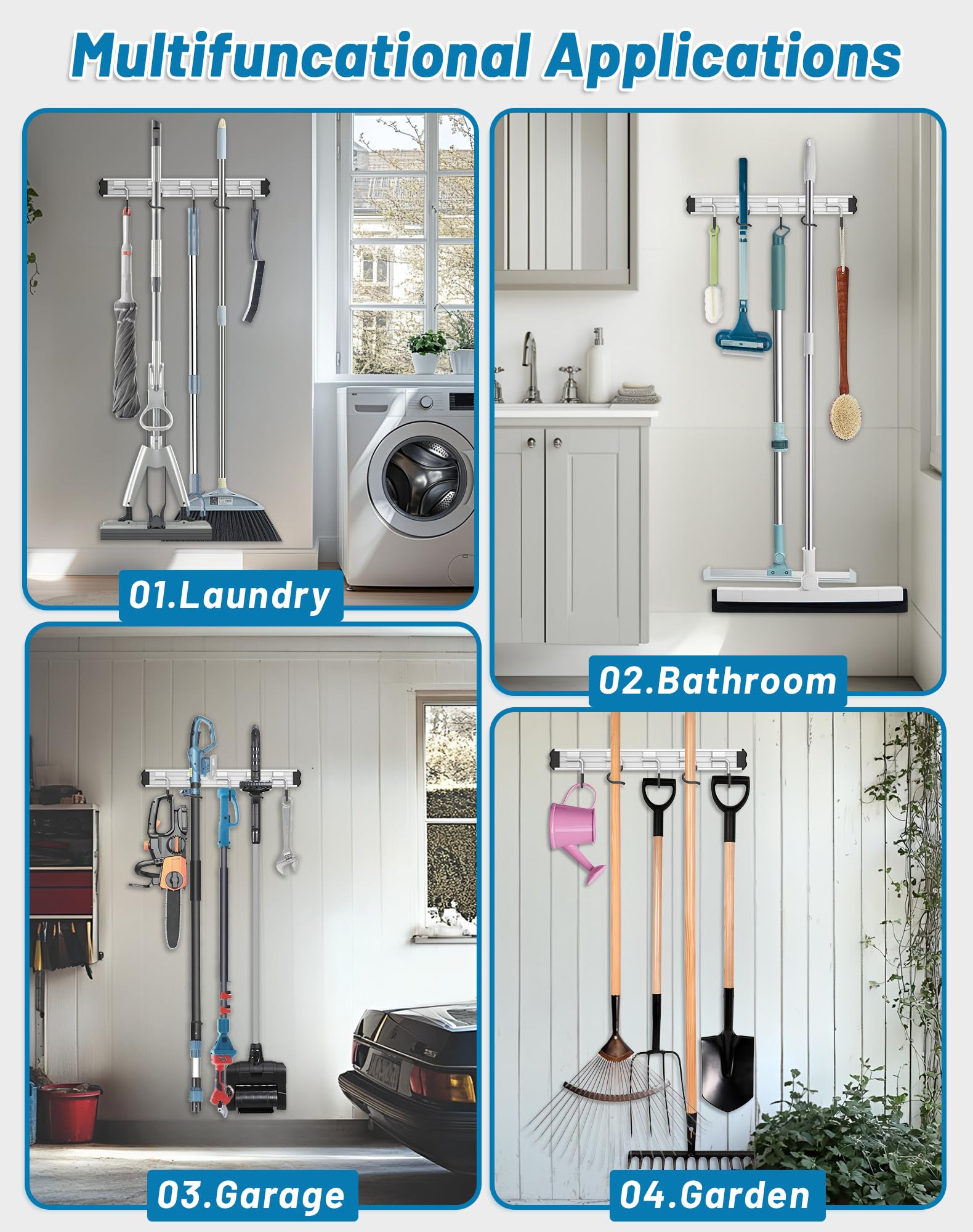 Mop and Broom Holder Wall Mount Garden Tool Rack Organizer (3 Count)