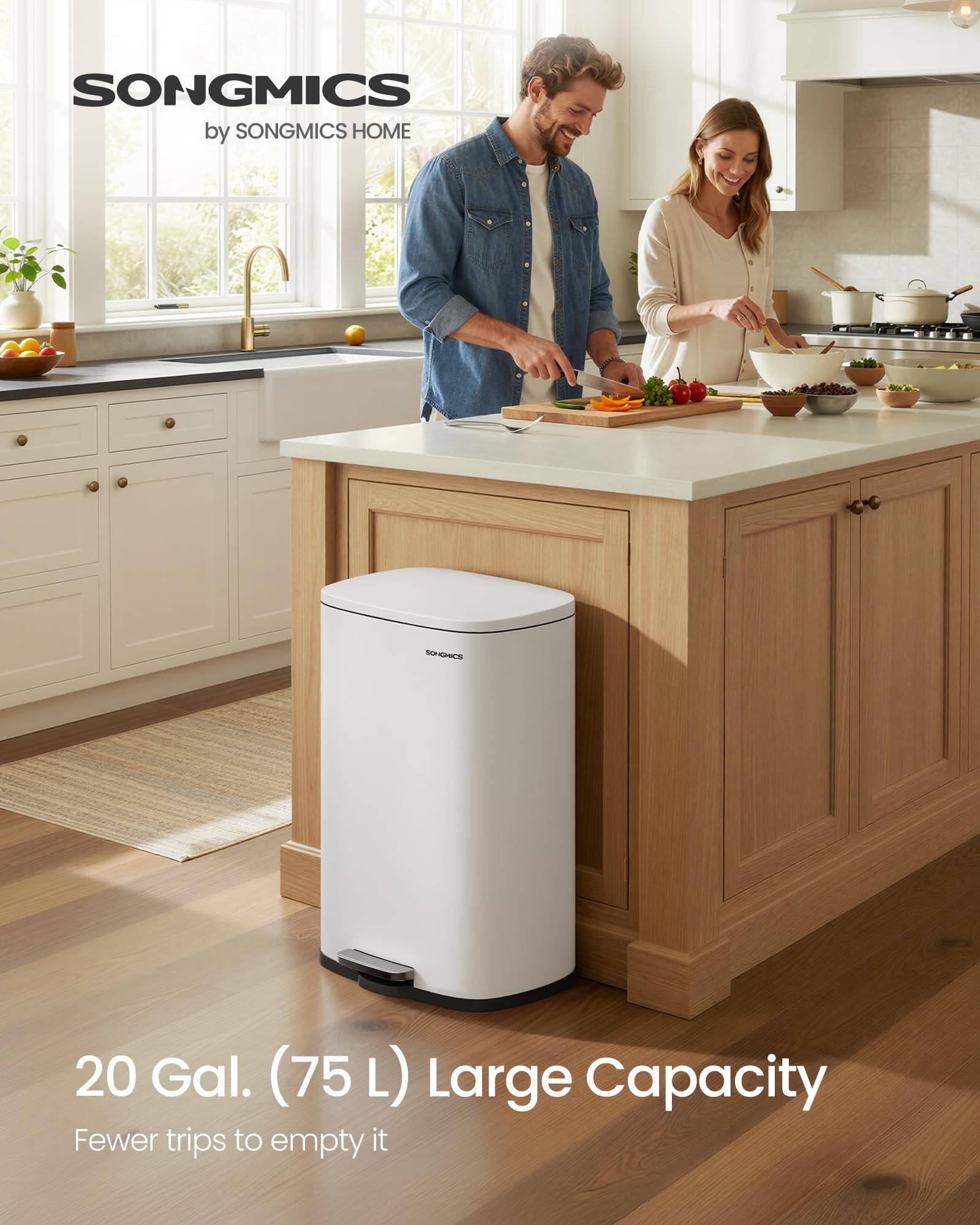 20-Gallon (75 L) Trash Can, Stainless Steel Kitchen Garbage Can, Recycling or Waste Bin, Soft Close, Step-On Pedal, Removable Inner Bucket, White ULTB075WZ01