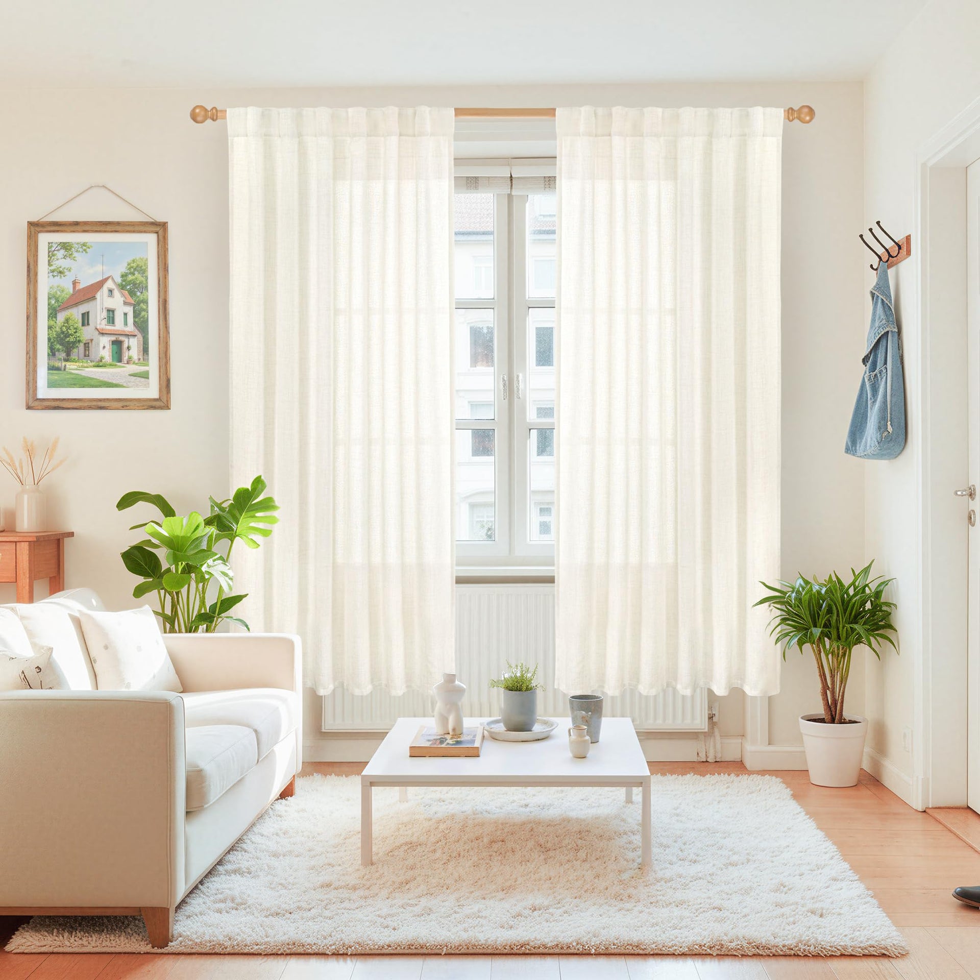 Ivory Linen Semi Sheer Curtains 72 Inch Length for Living Room (2 Count)