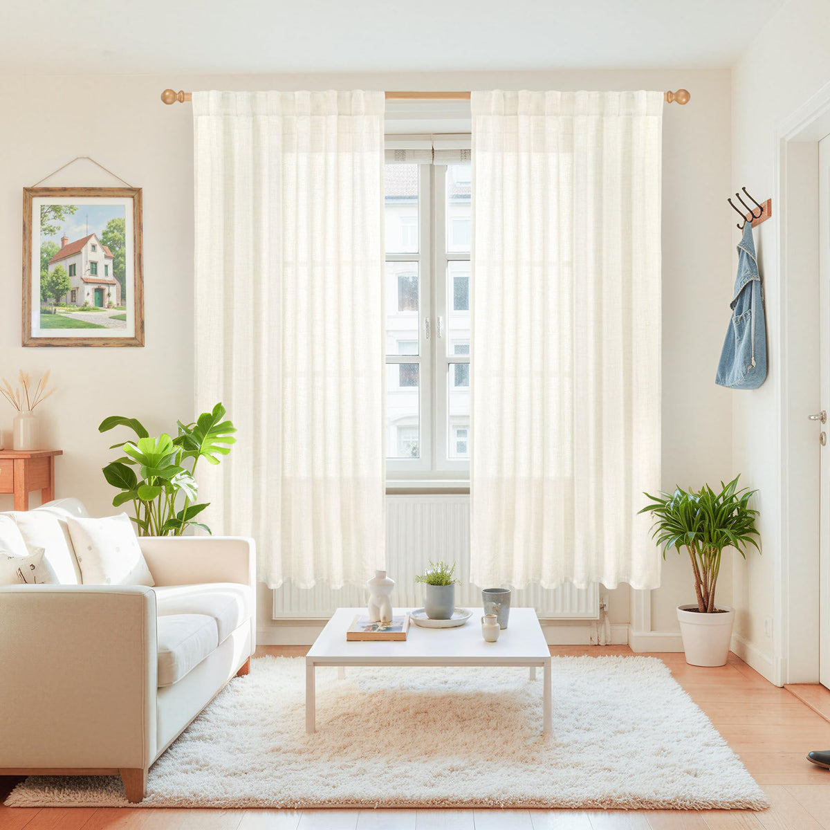 Ivory Linen Semi Sheer Curtains 78 Inch Length for Living Room (2 Count)