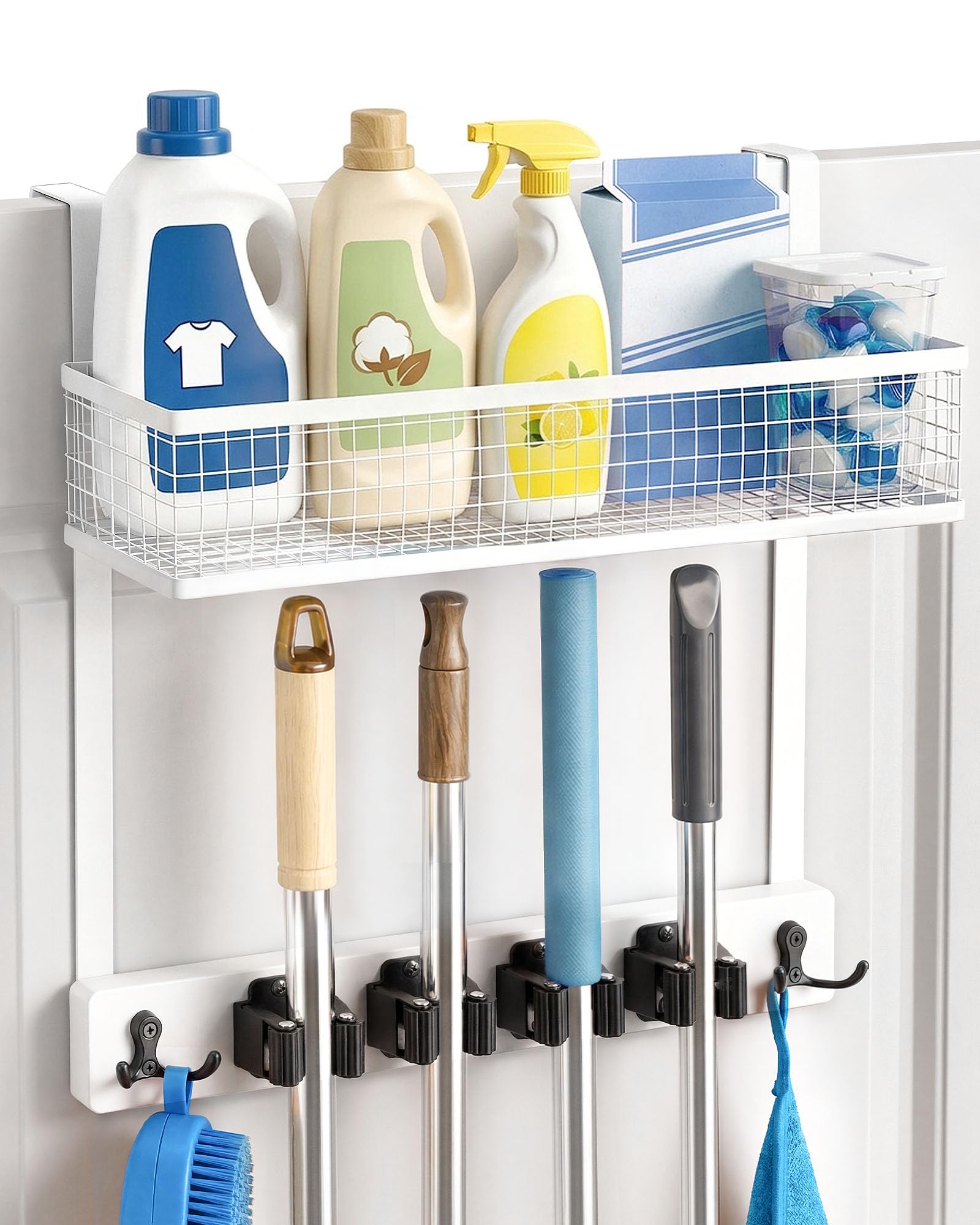 Over the Door Broom and Mop Holder with Basket