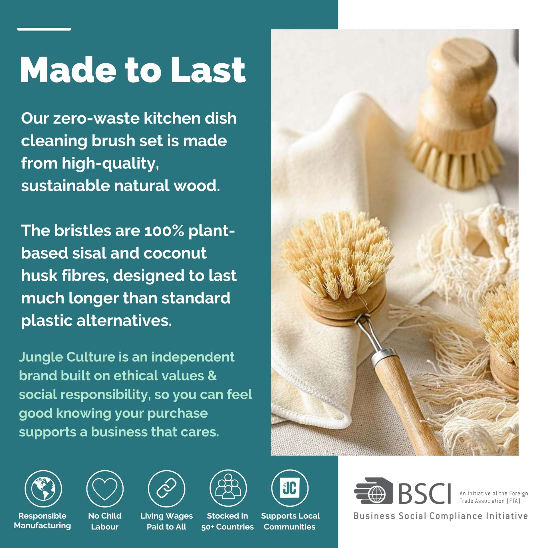 Bamboo Dish Brush Set • 6 Piece with Bottle Brush & Scrubber (6 Count)