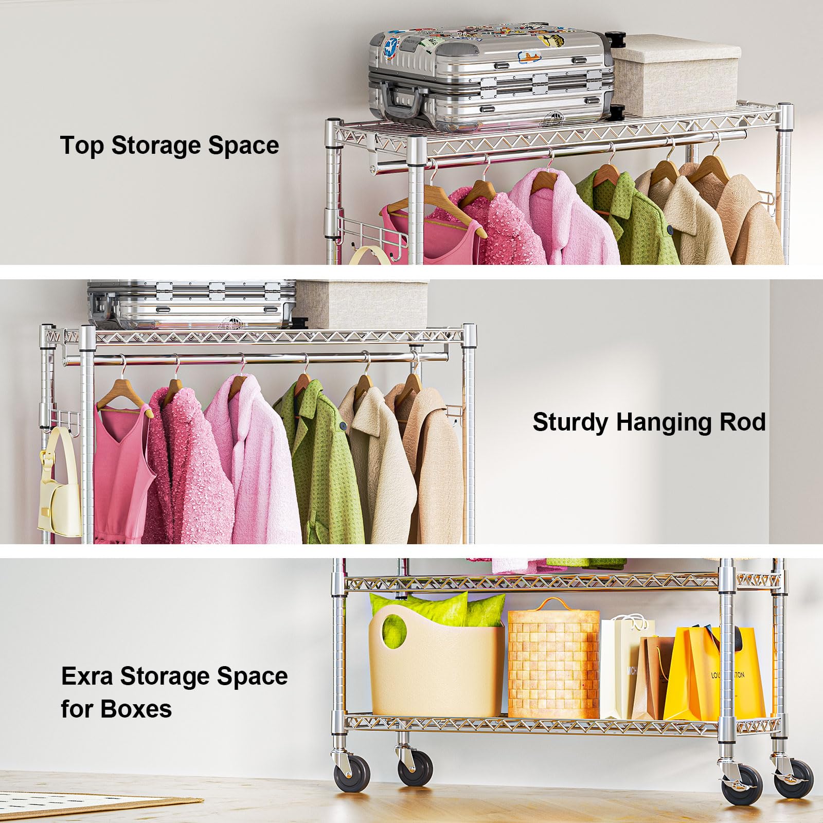 Heavy Duty Rolling Garment Rack 3 Tiers Adjustable Wire Shelving Clothes Rack with 1 Rods and Side Hooks