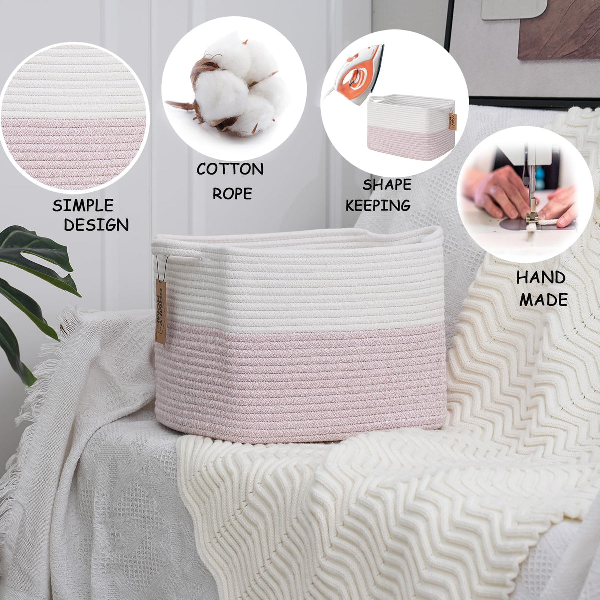 3PACK Cotton Rope Square baske with Handles for Shelves (3 Count)