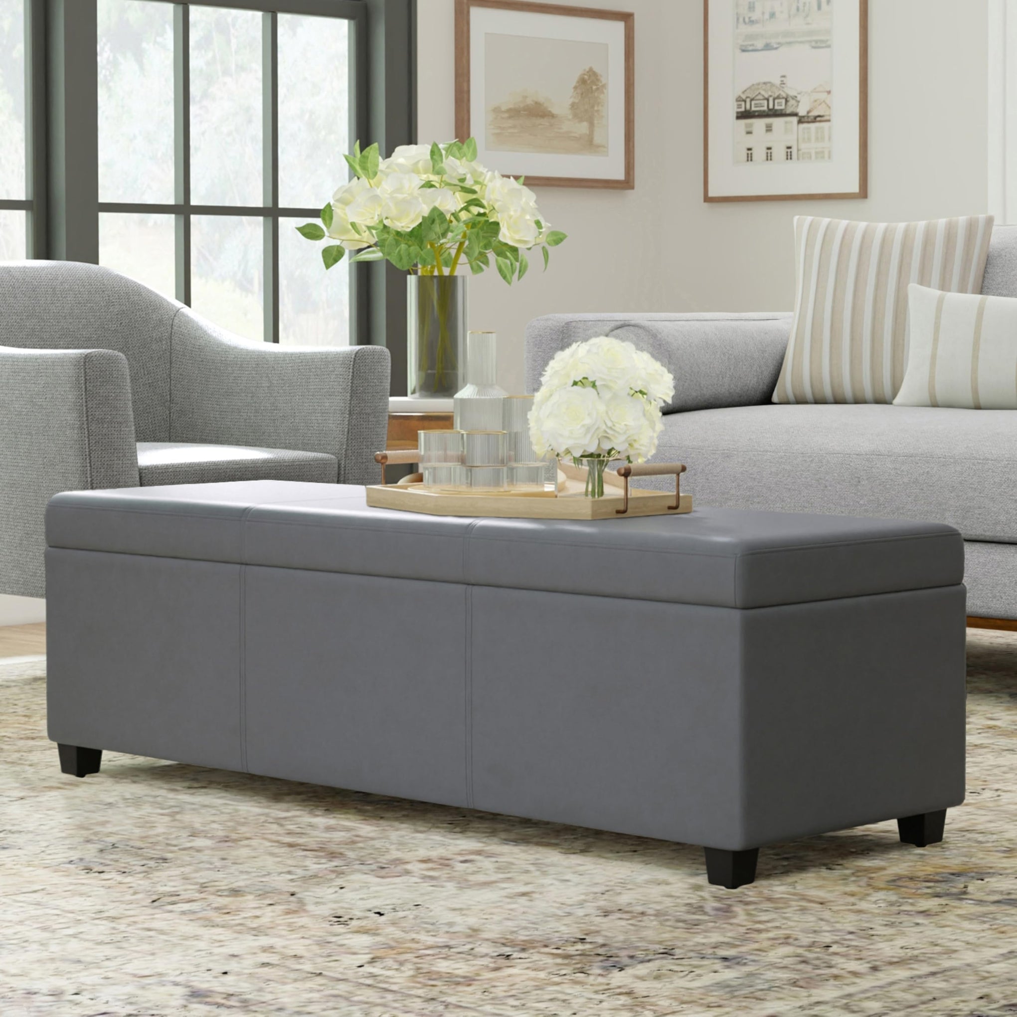 Avalon 54" Wide Vegan Leather Storage Ottoman in Stone Grey