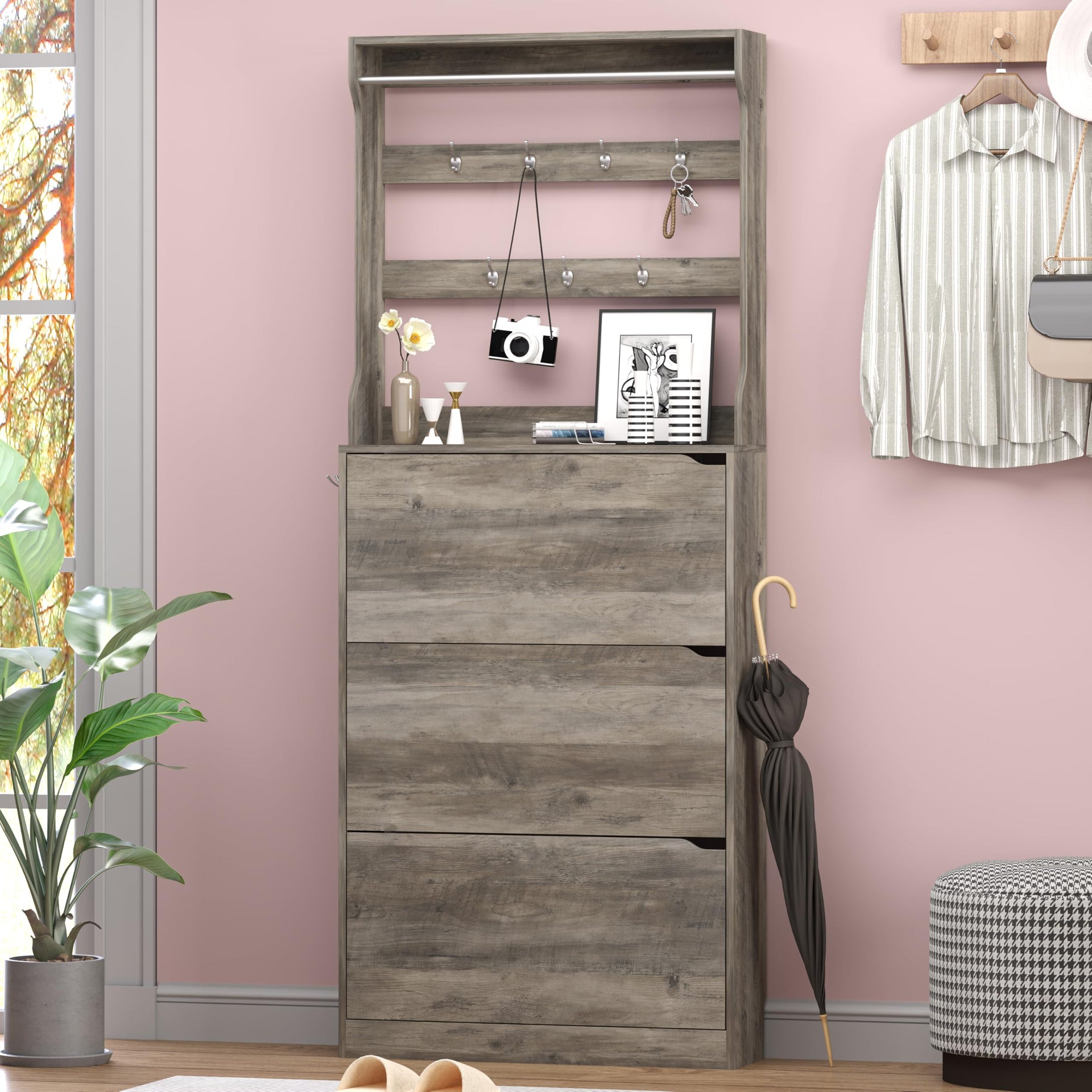 Shoe Cabinet with 3 Flip Drawers & Coat Rack