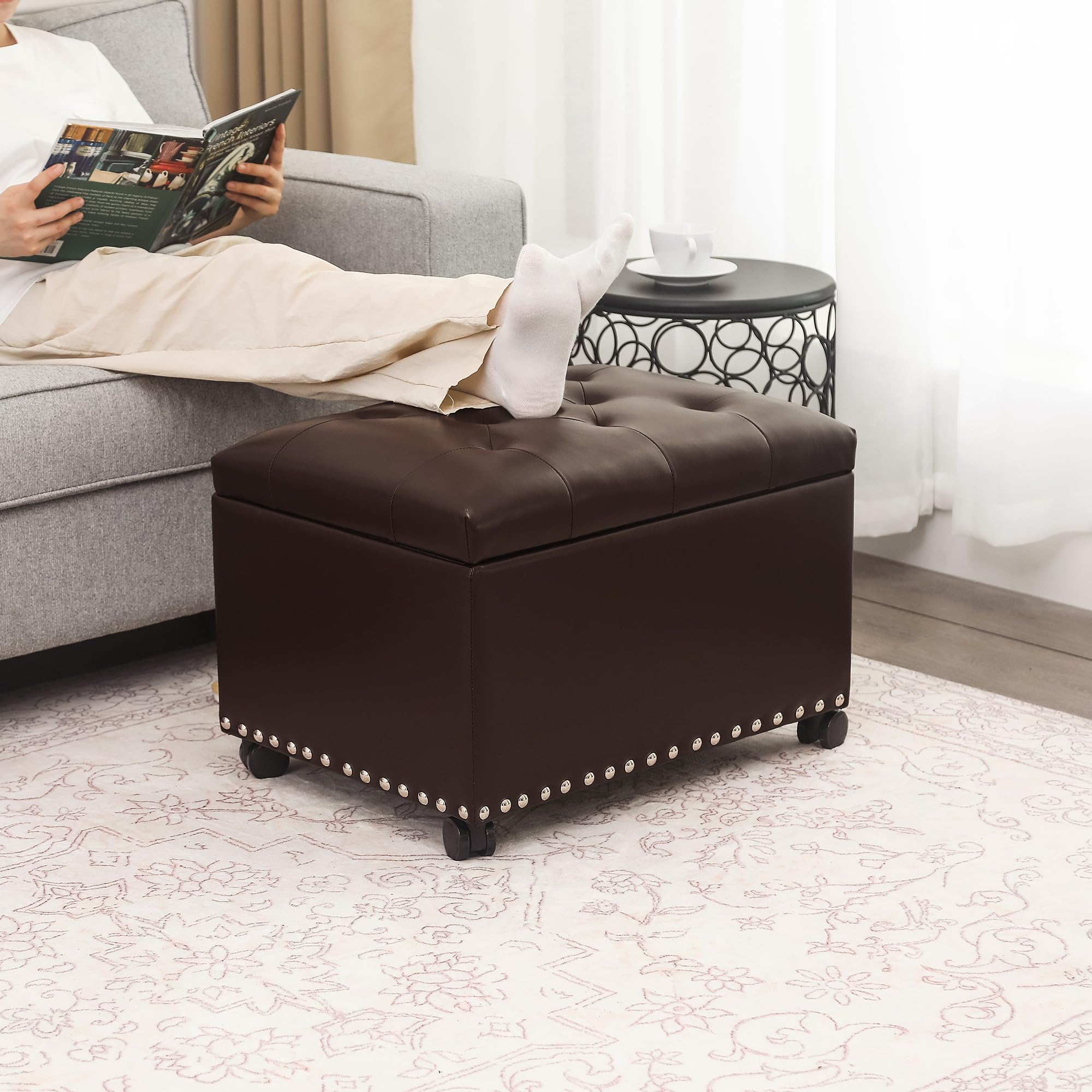 Leather Storage Ottoman with 360° Caster Wheels 24" Foot Rest Bench Rectangle Ottomans Stool for Living Room Bedroom