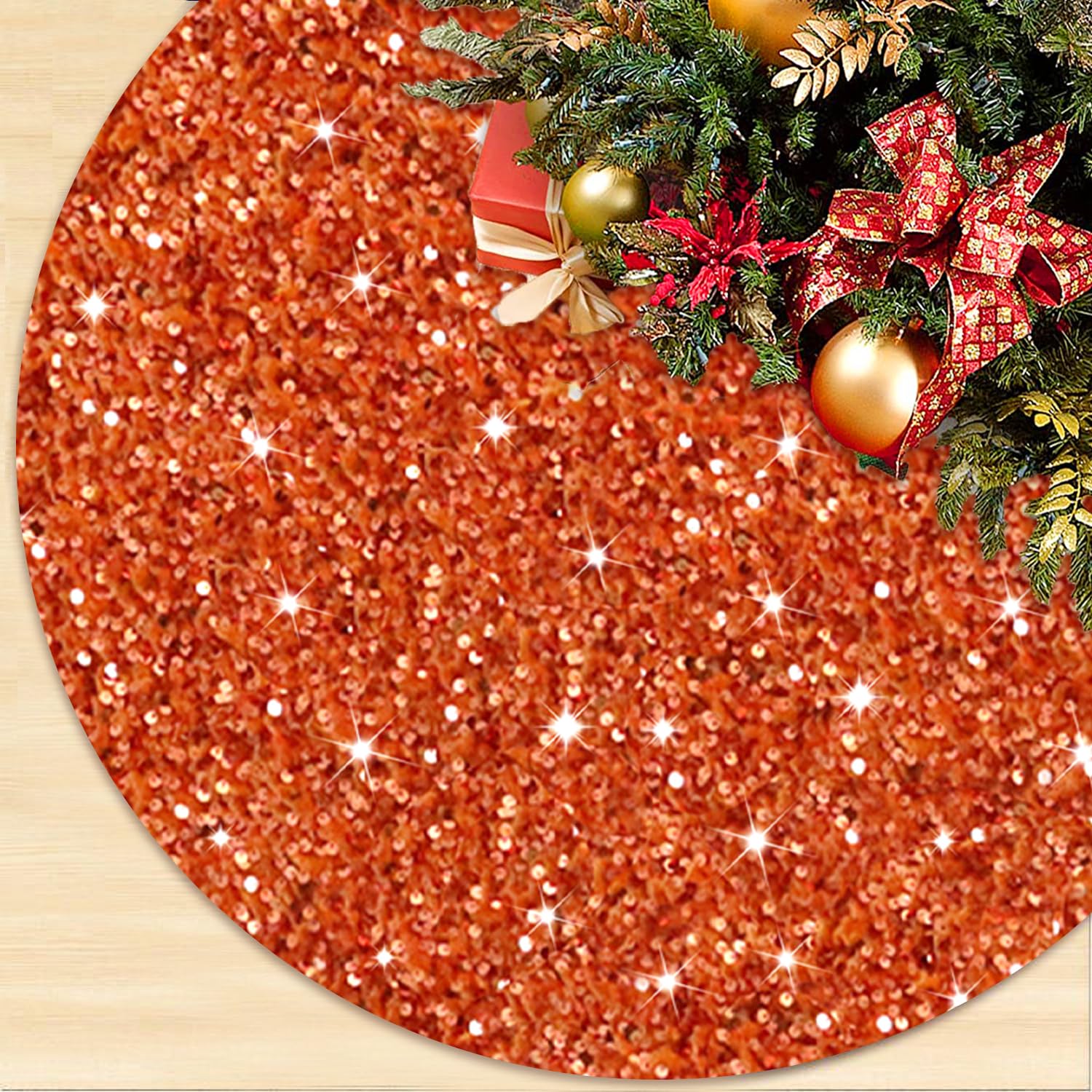 Glitter Christmas Tree Skirts 21 inch Orange Sequins Fall Tree Skirt Velvet Tree Mat for Pencil Tree Paillette Sparkly Tree Skirt Cover Thanksgiving Christmas Tree Carpet