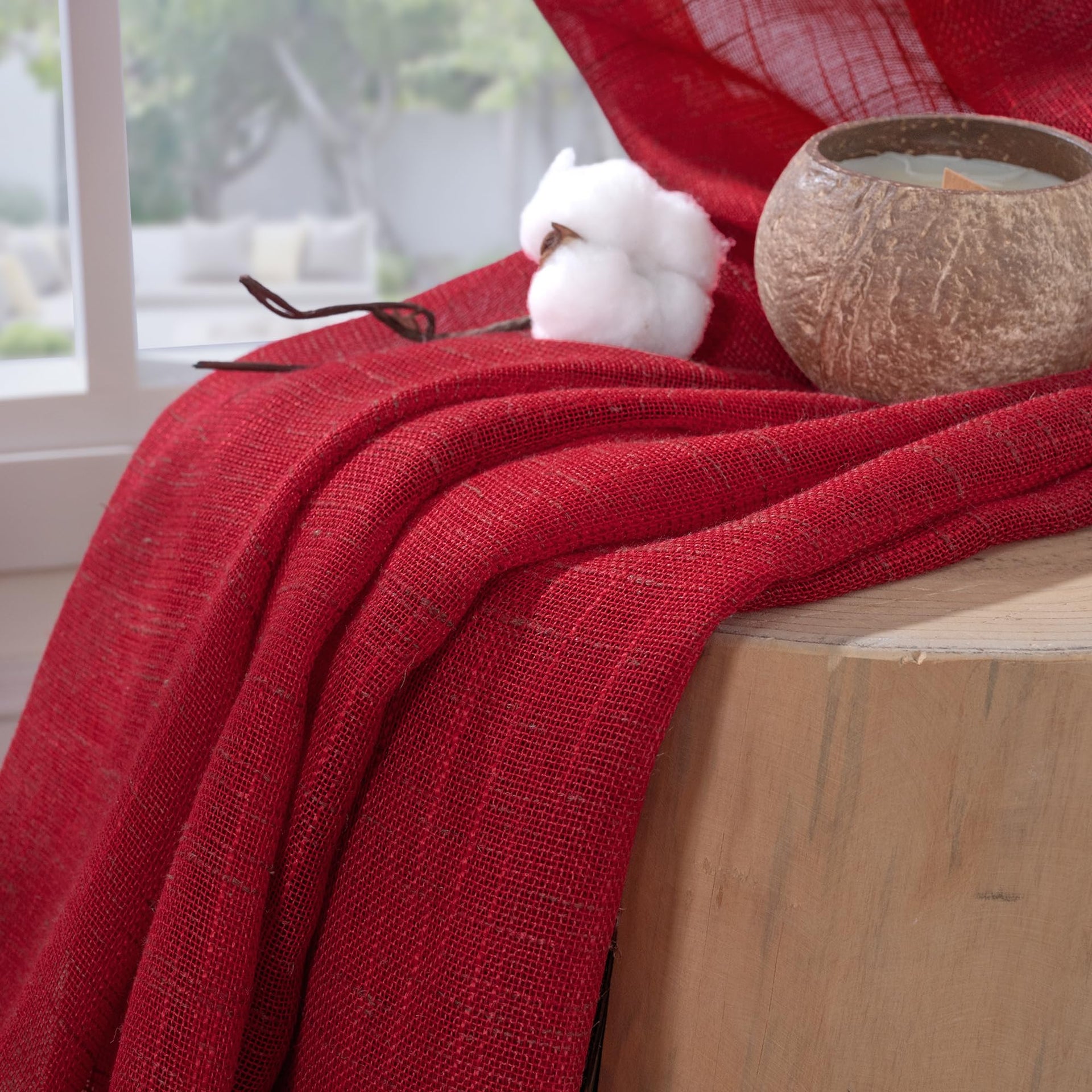 Red Linen Kitchen Window Curtains 45 Inch Length (2 Count)