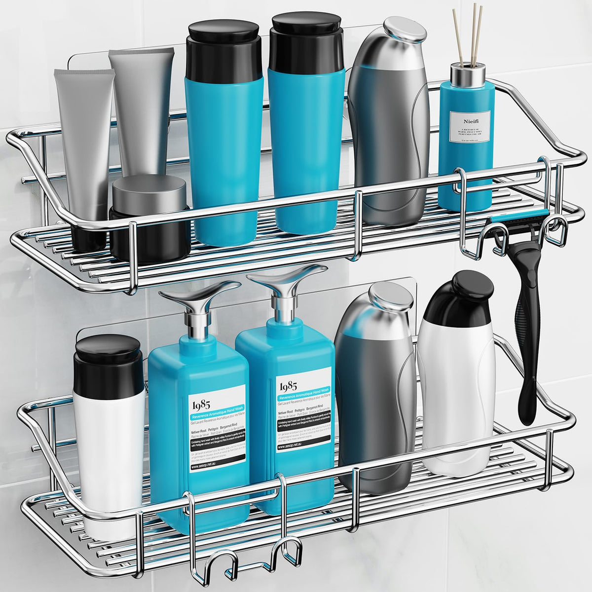 Shower Caddy Shelf with Hooks Storage Rack Organizer Adhesive Stainless Steel without Drilling for Bathroom (3 Count)