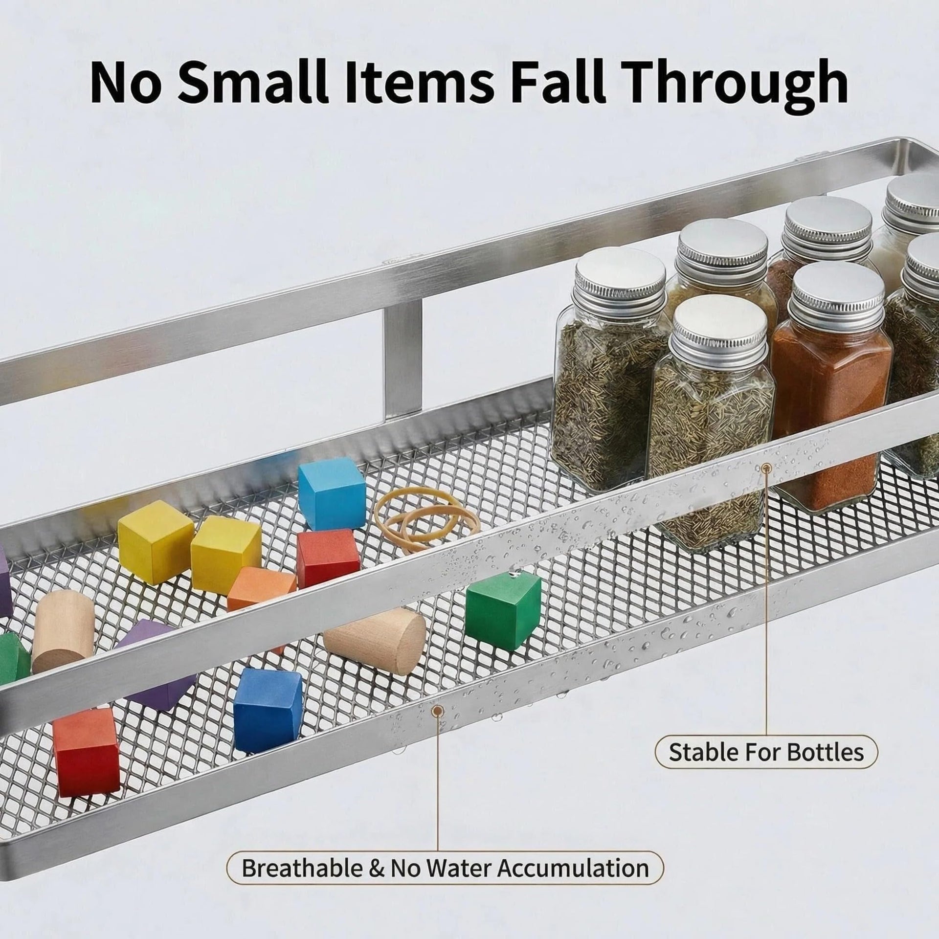 5-in-1 16.5" Extra Long Kitchen Organizer & Shower Caddy Set, Wall Mount Spice Rack with Paper Towel Holder, Utensil Holder & Soap Dish, Rustproof Mesh - Silver Gray, Guardrail