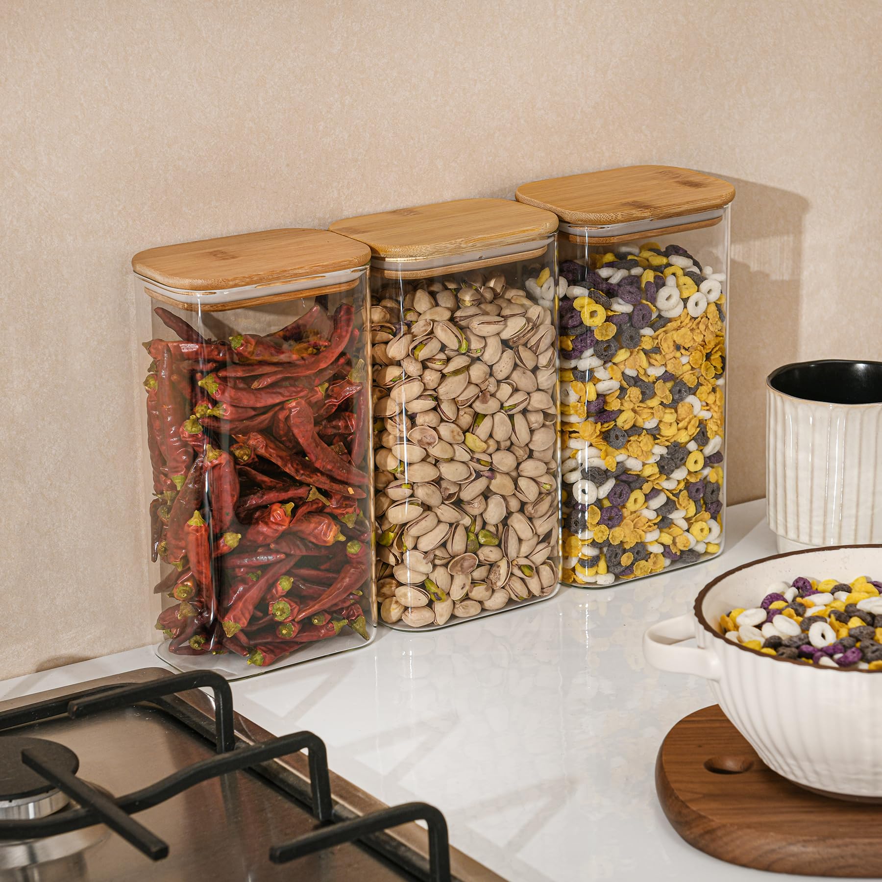 56oz Rectangle Airtight Glass Storage Containers with Bamboo Lids (3 Count)