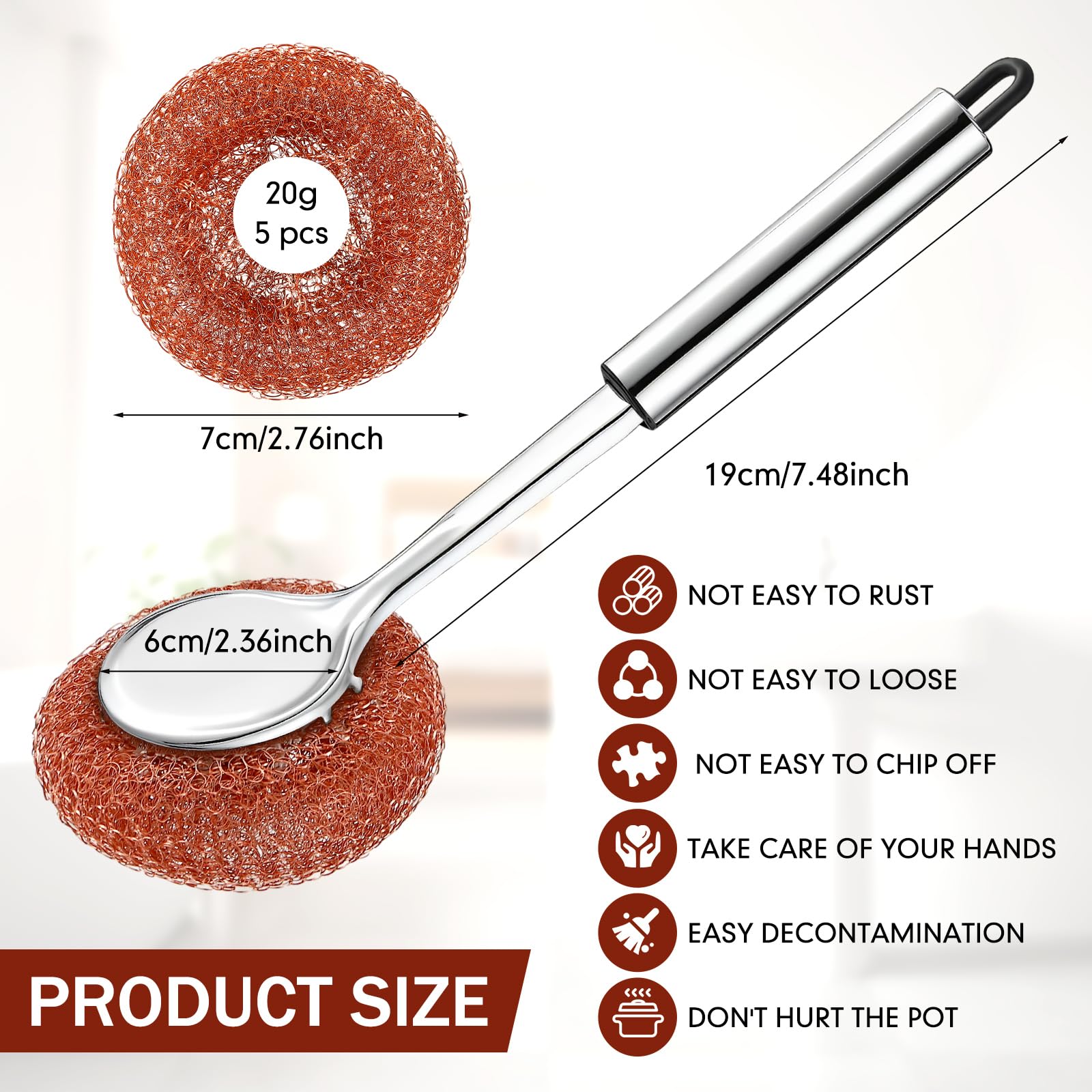 5 Pcs Copper Coated Scourers Copper Scrubbing Pads Scouring Pads 1 PC Steel Wool Scrubber Dish Brush Set with Handle Deep Cleaning Scrubber Silver for Kitchen Cleaning Dishes Pots Pans (6 Count)