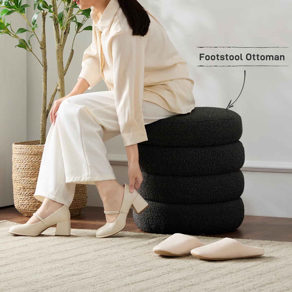 Round Ottoman with Storage Boucle Ottoman