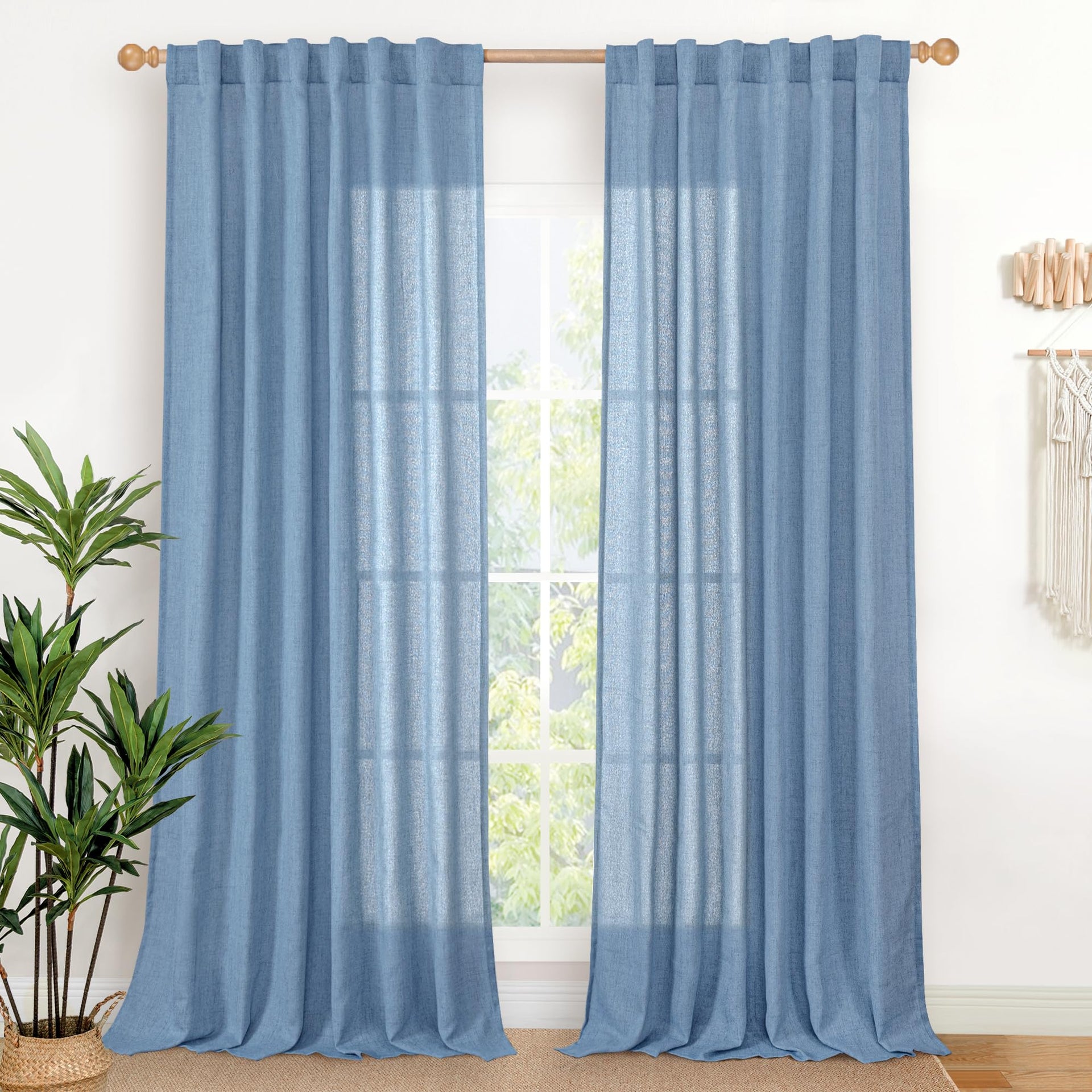 Light Blue Linen Semi Sheer Curtains 84 Inch Long for Living Room (2 Count)