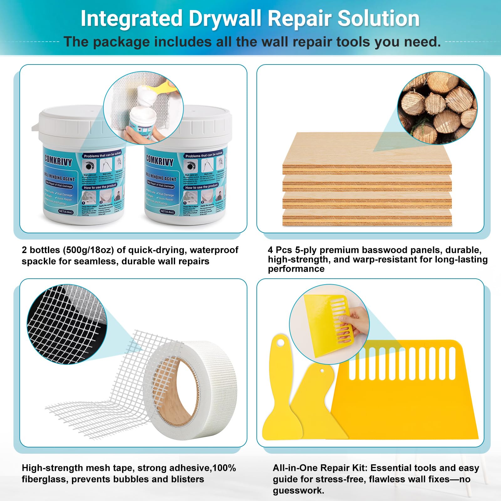 37 Pcs Drywall Repair Kit with 12"x12" Dry Wall Panel