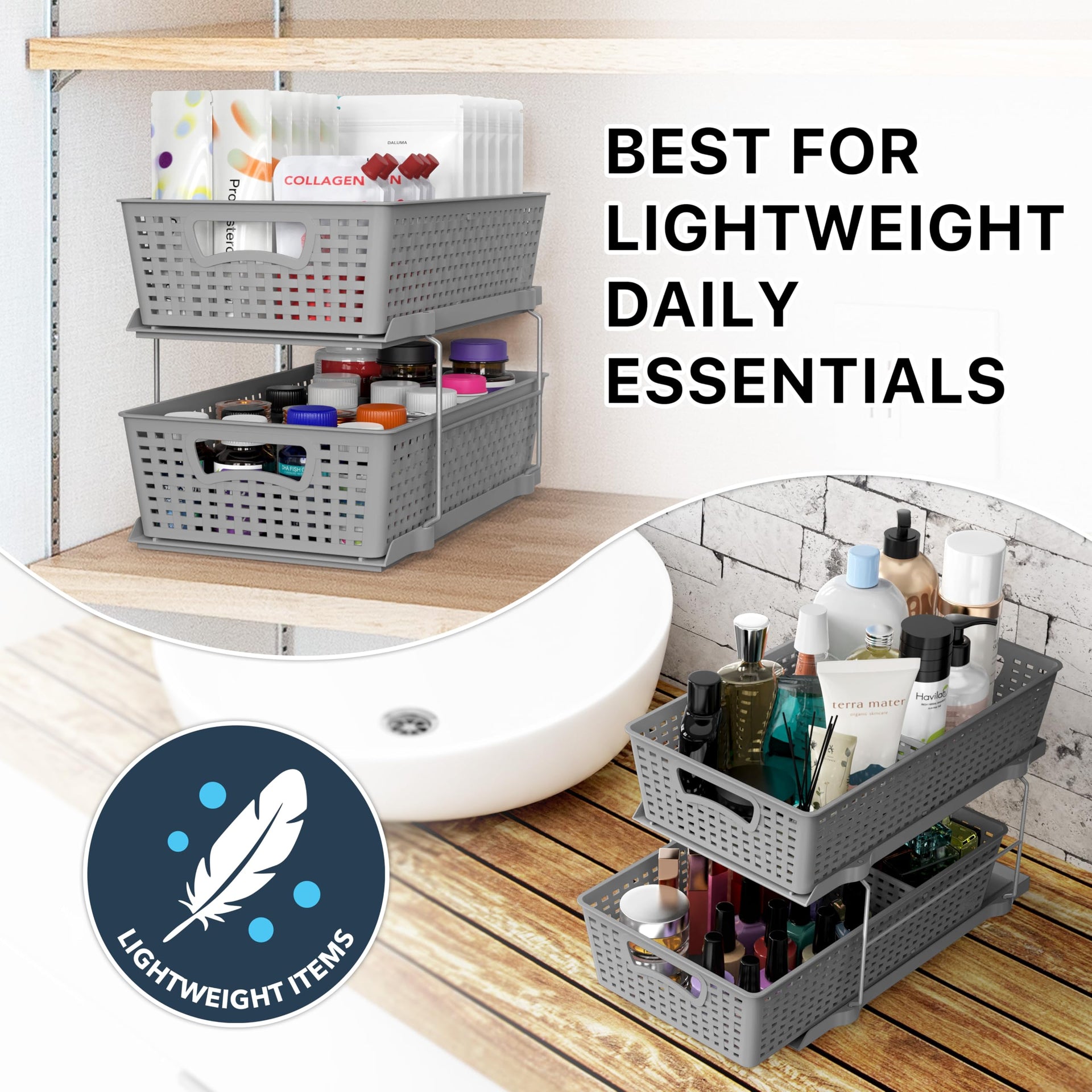 2 Tier Pull Out Sliding Drawer Under Sink Storage