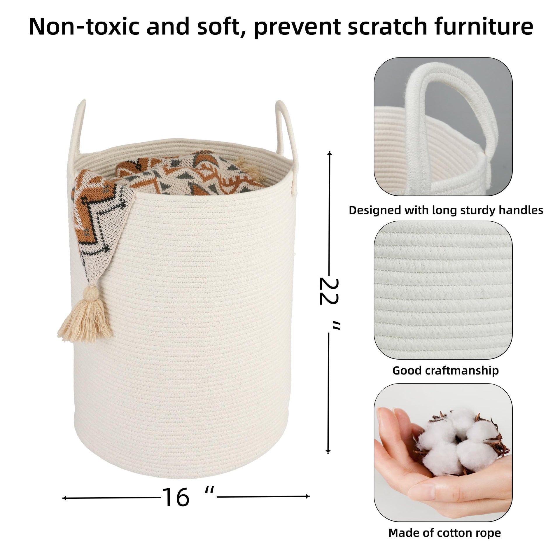 White Cotton Rope Laundry Basket Hamper for Clothes Large