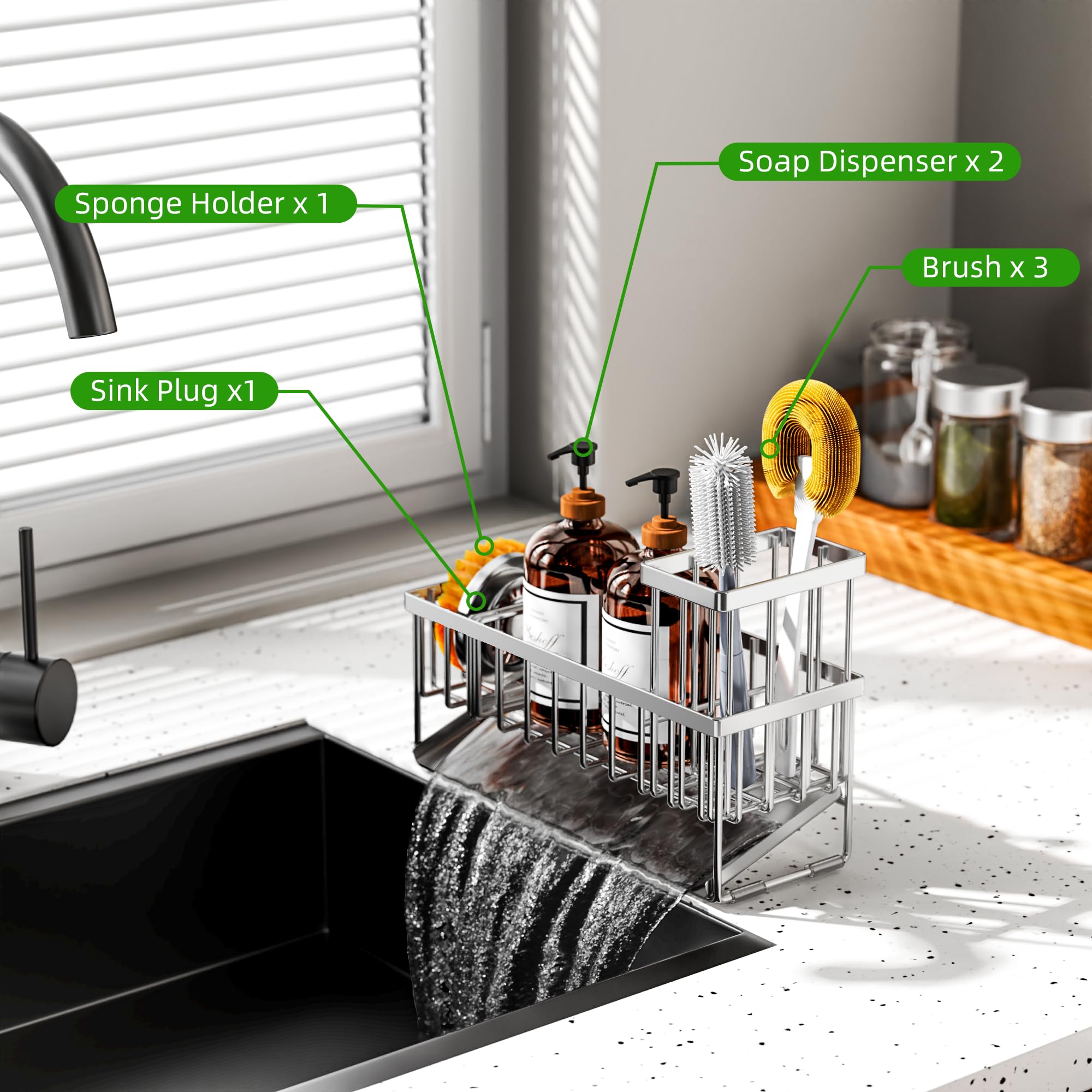 Extra Large Silver Kitchen Sink Caddy Organzier with High Brush Holder