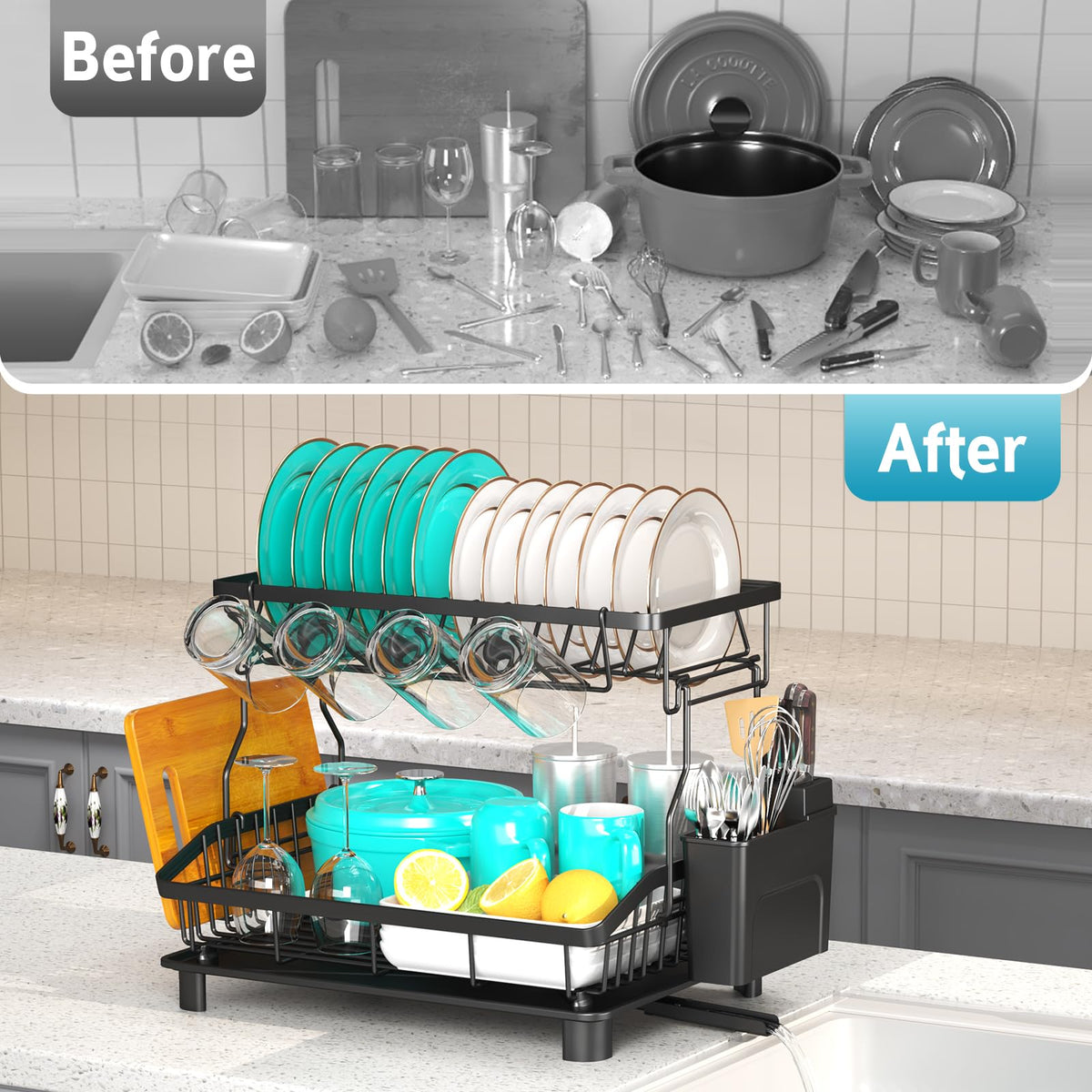 2 Tier Dish Drying Rack for Kitchen Counter