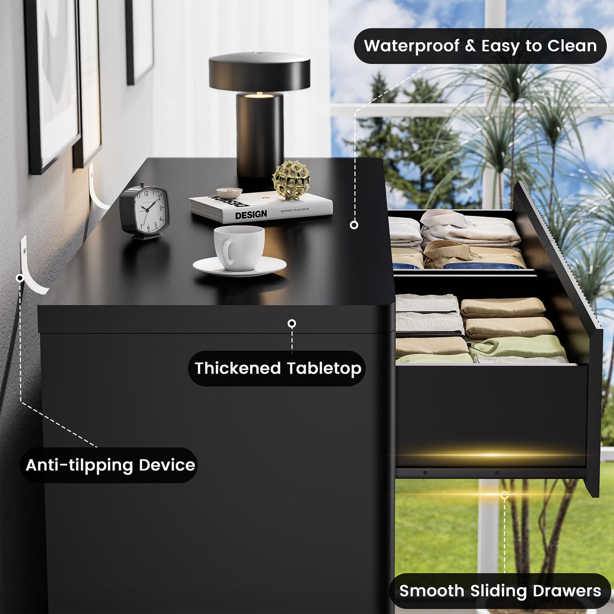 Black 6 Drawers Double Dresser