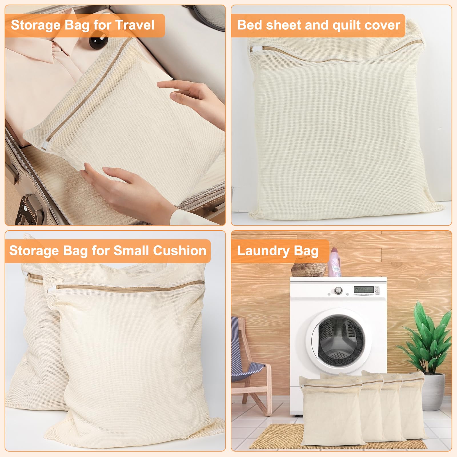 4 Piece Large Durable Organic Cotton Mesh Laundry Bags with Sturdy Zippers and Breathable Mesh are Delicate Laundry Bags for Underwear (100 Count)
