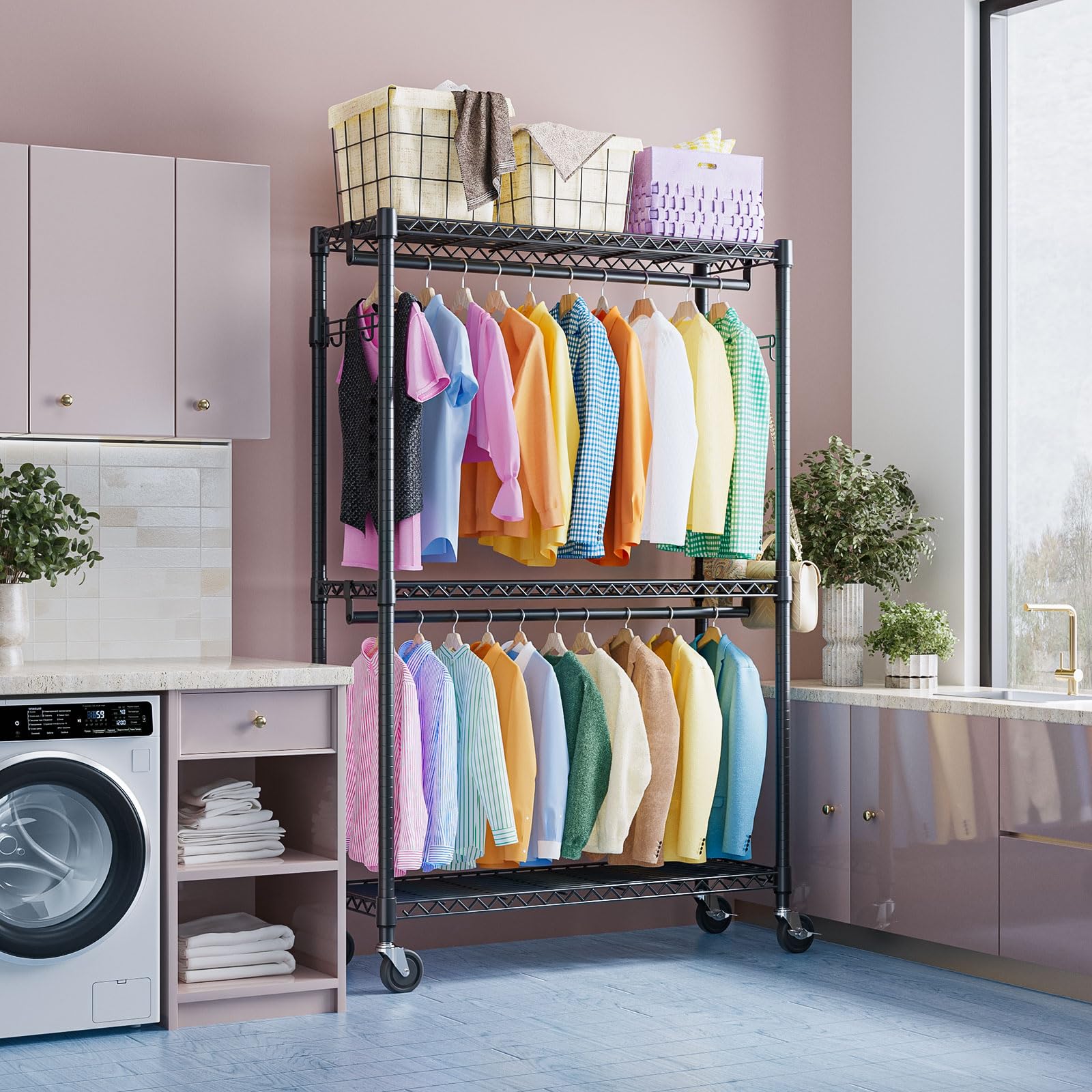 Heavy Duty Rolling Garment Rack Wire Clothes Rack for Hanging Clothes