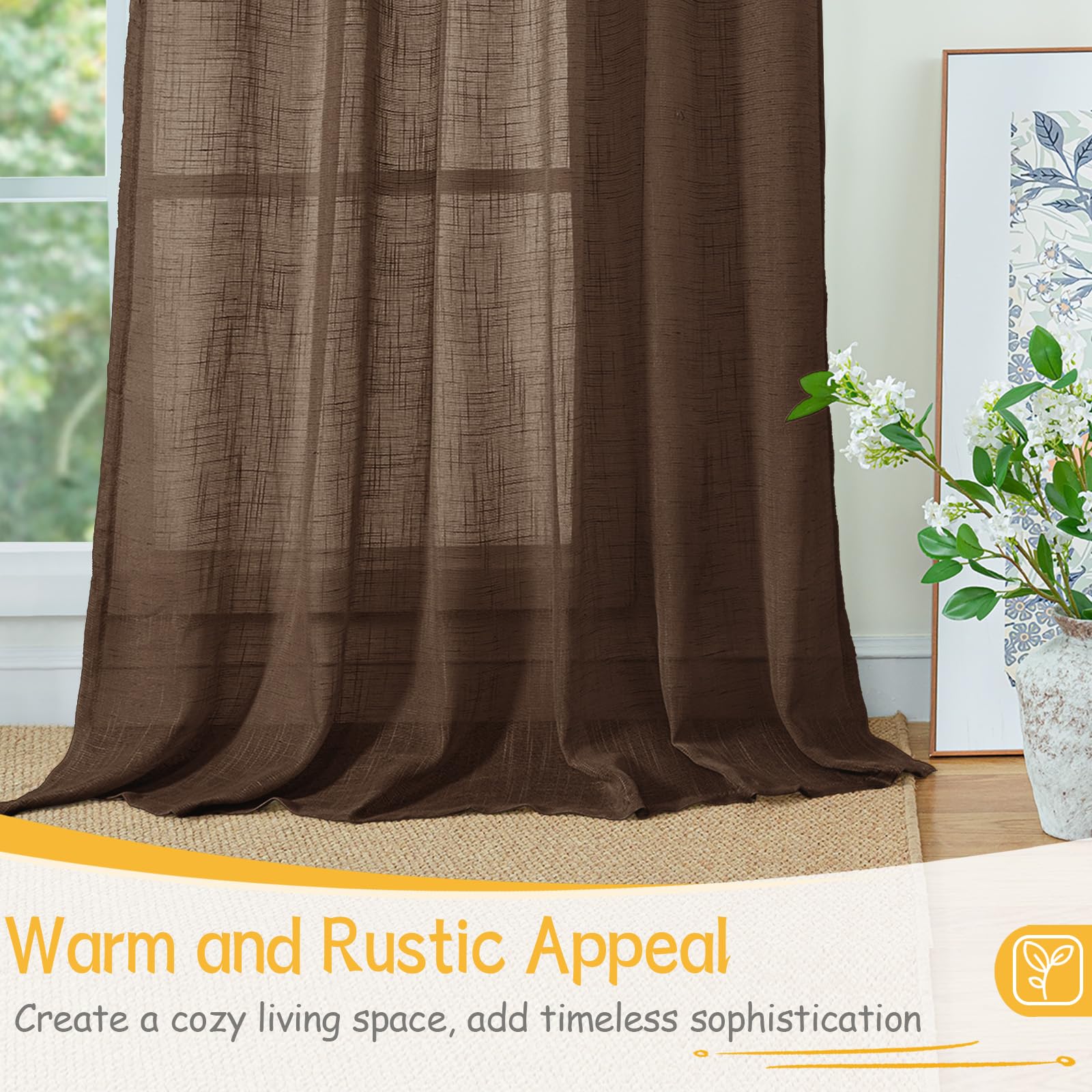 Extra Long Brown Linen Semi Sheer 95 Inch Length for Living Room (2 Count)
