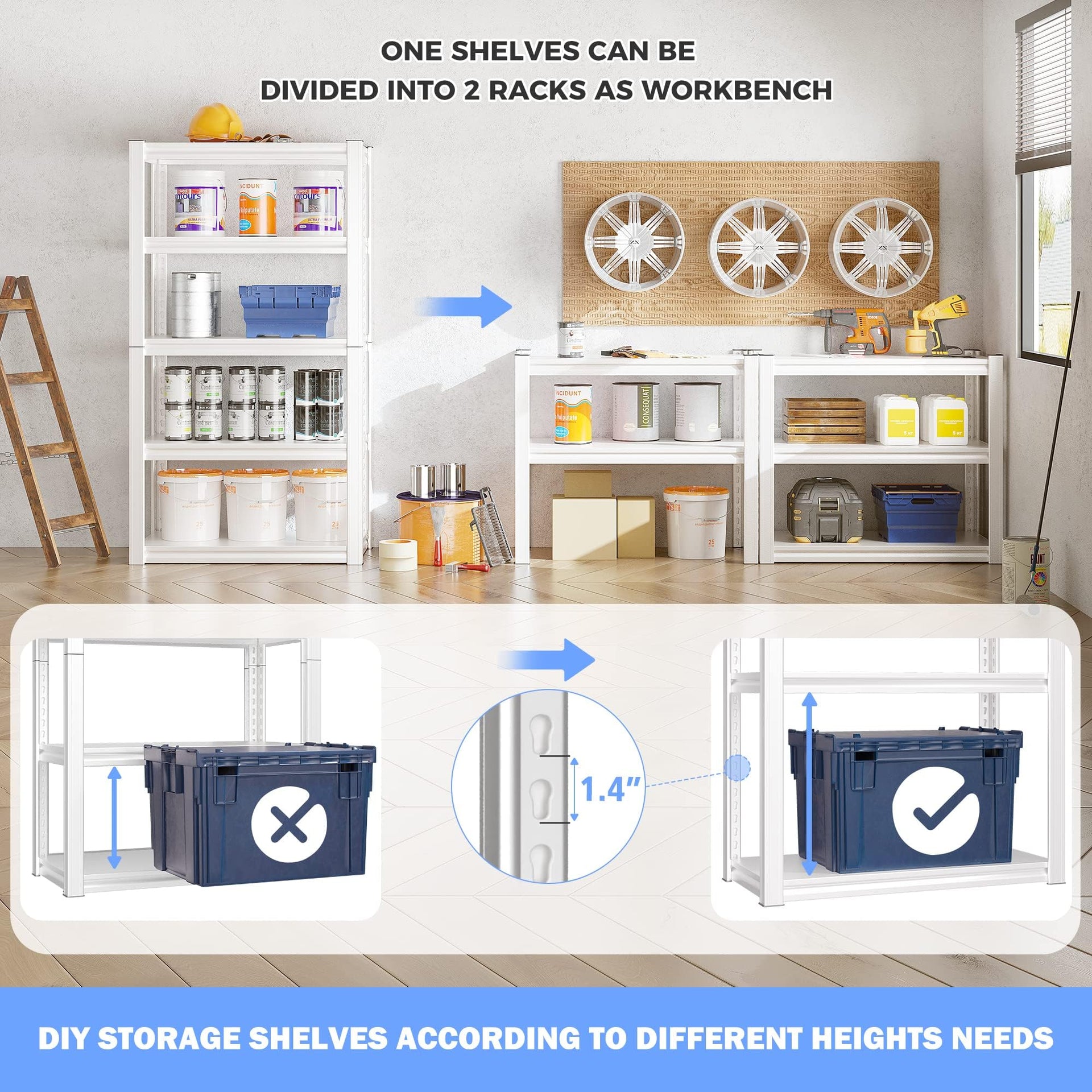 72''H Garage Shelving Heavy Duty Storage Shelves Load 2010LBS Adjustable 5 Tier Heavy Duty Shelving White Garage Sheves Pantry Shelf for Kitchen Closet 72''H*31.7''W*16.3''D (2 Count)