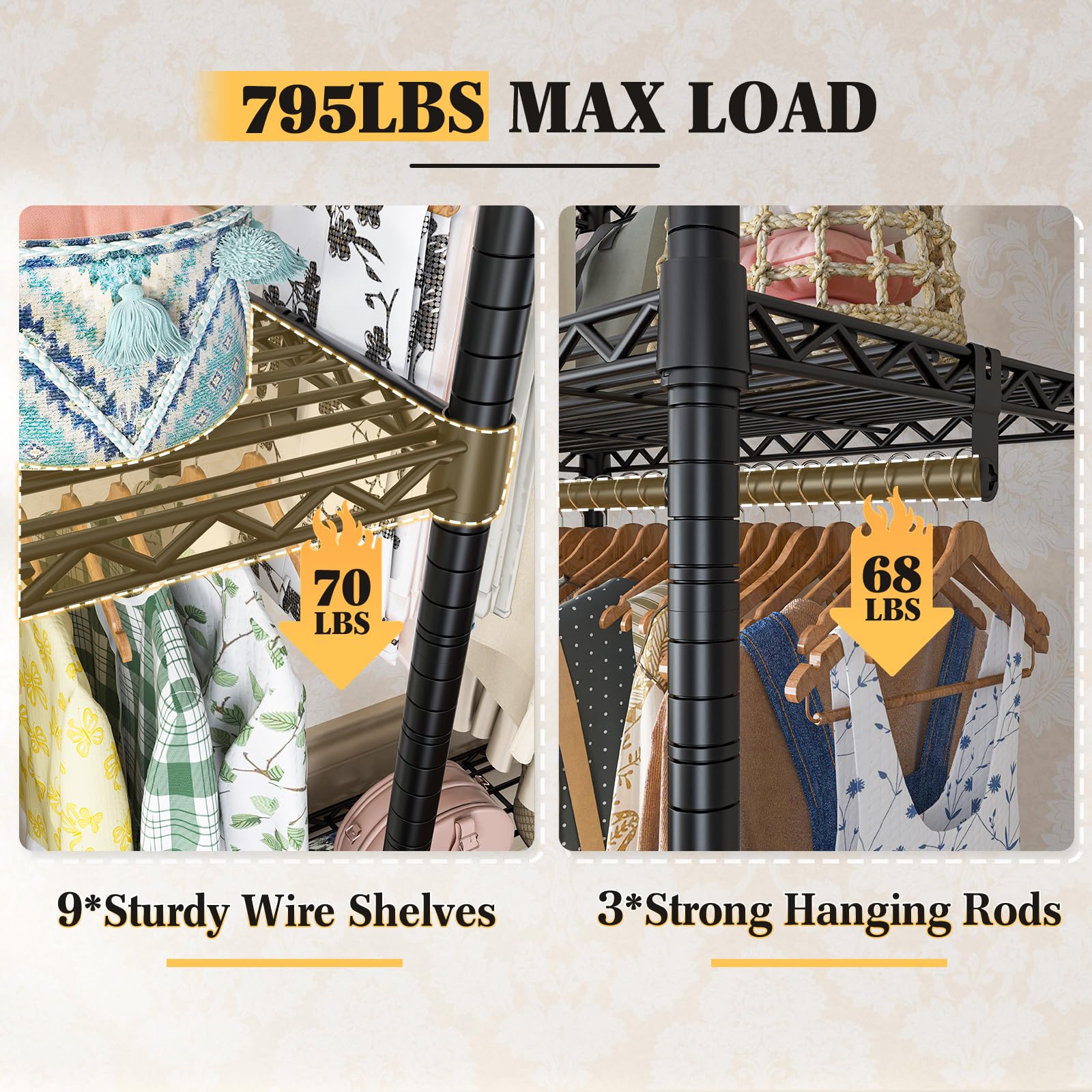 Clothes Rack Heavy Duty Load 795LBS Portable Clothing Racks for Hanging Clothes Adjustable Garment Rack
