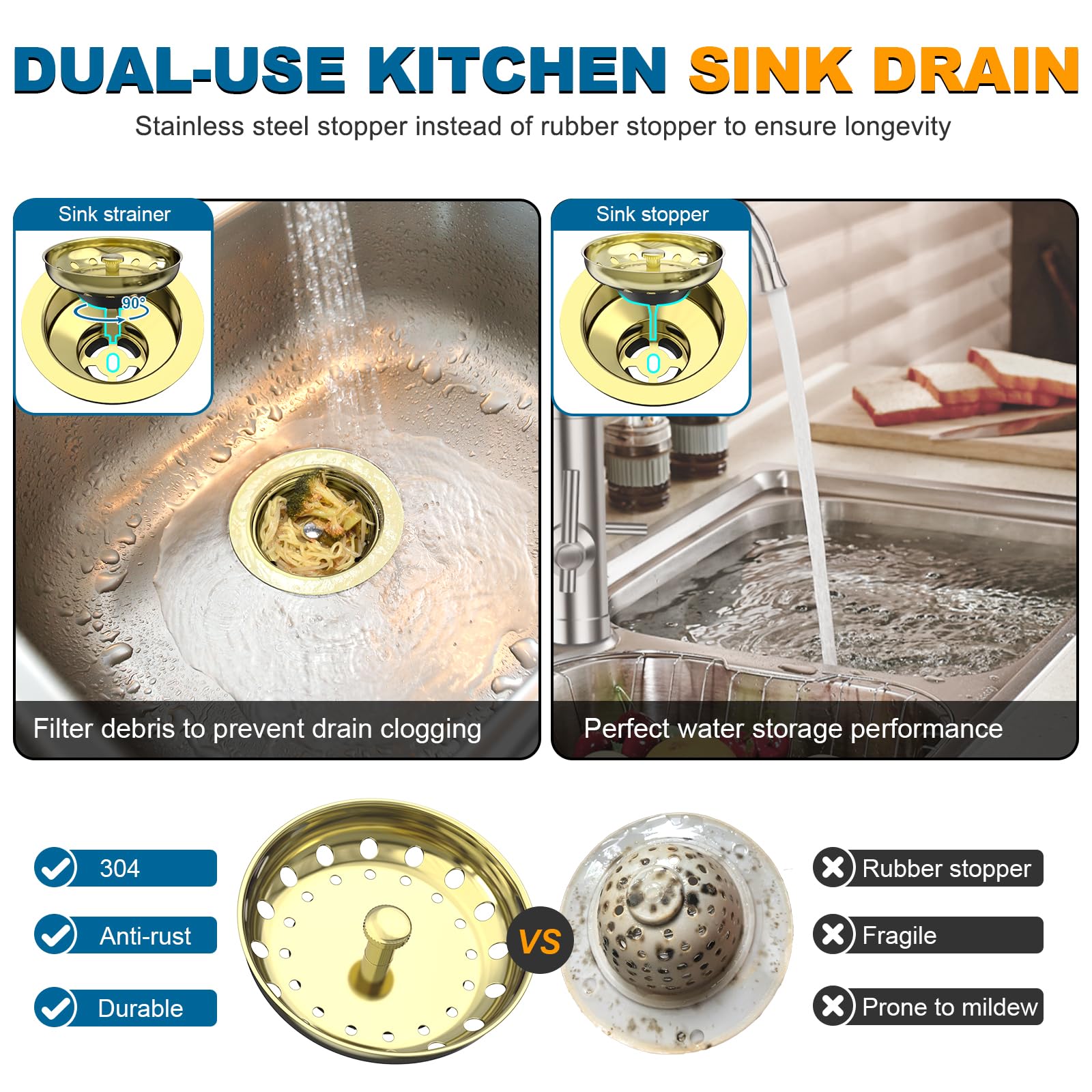 Stainless Steel Gold Sink Drain Strainer Kit 3