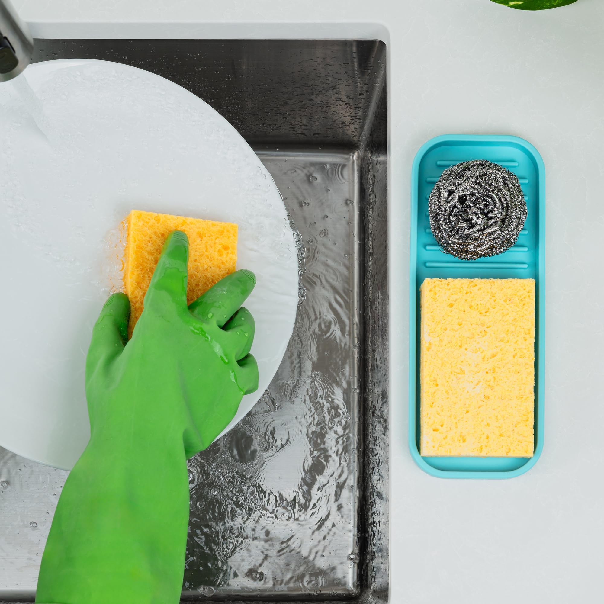 9x3.5) Silicone Sponge Holder for Kitchen Sink - Flexible Multipurpose Soap Tray Sponge Holder - Sink Organizer Tray for, Bathroom, Makeup, Trinkets & More (Aqua Sky)