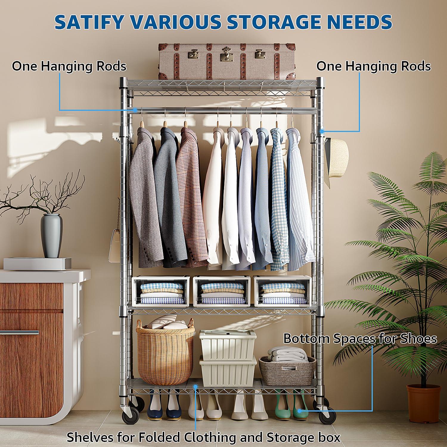 Heavy Duty Rolling Garment Rack 3 Tiers Adjustable Wire Shelving Clothes Rack with Rods and Side Hooks