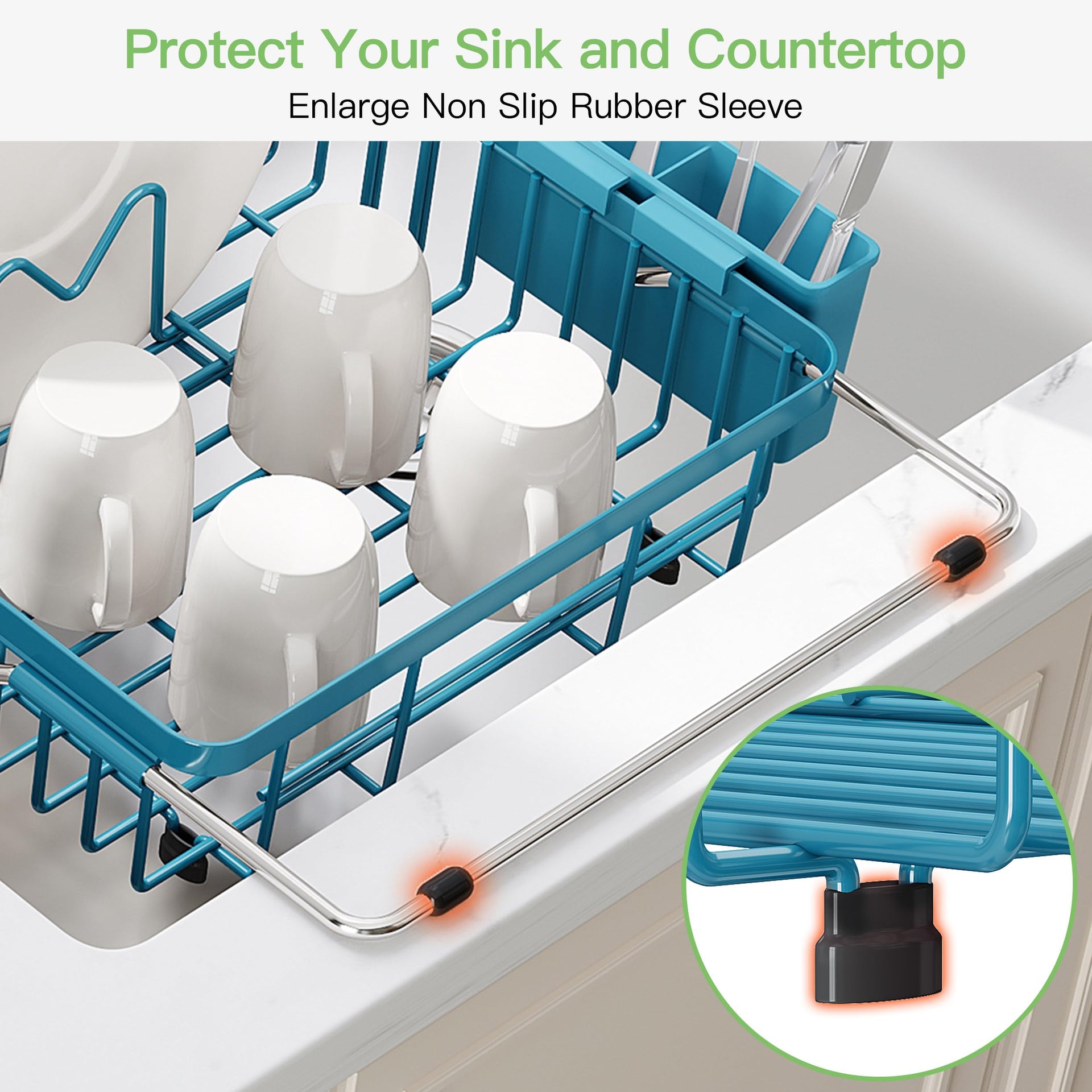 Blue Dish Drying Rack Over the Sink with Utensil Holder