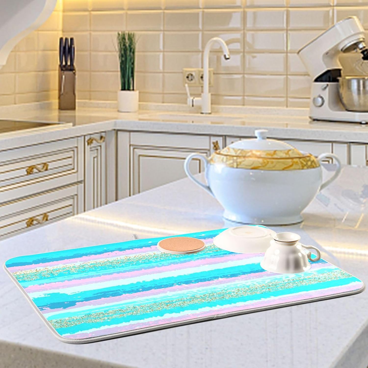 Turquoise Stripe Dish Drying Mat for Kitchen Countertop 16x18 Rectangle Teal Aqua Small Drying Mat Reusable Quick Dry Dish Sink Absorbent Mats Dishwasher Easy Clean Decorative Home Decor Essentials