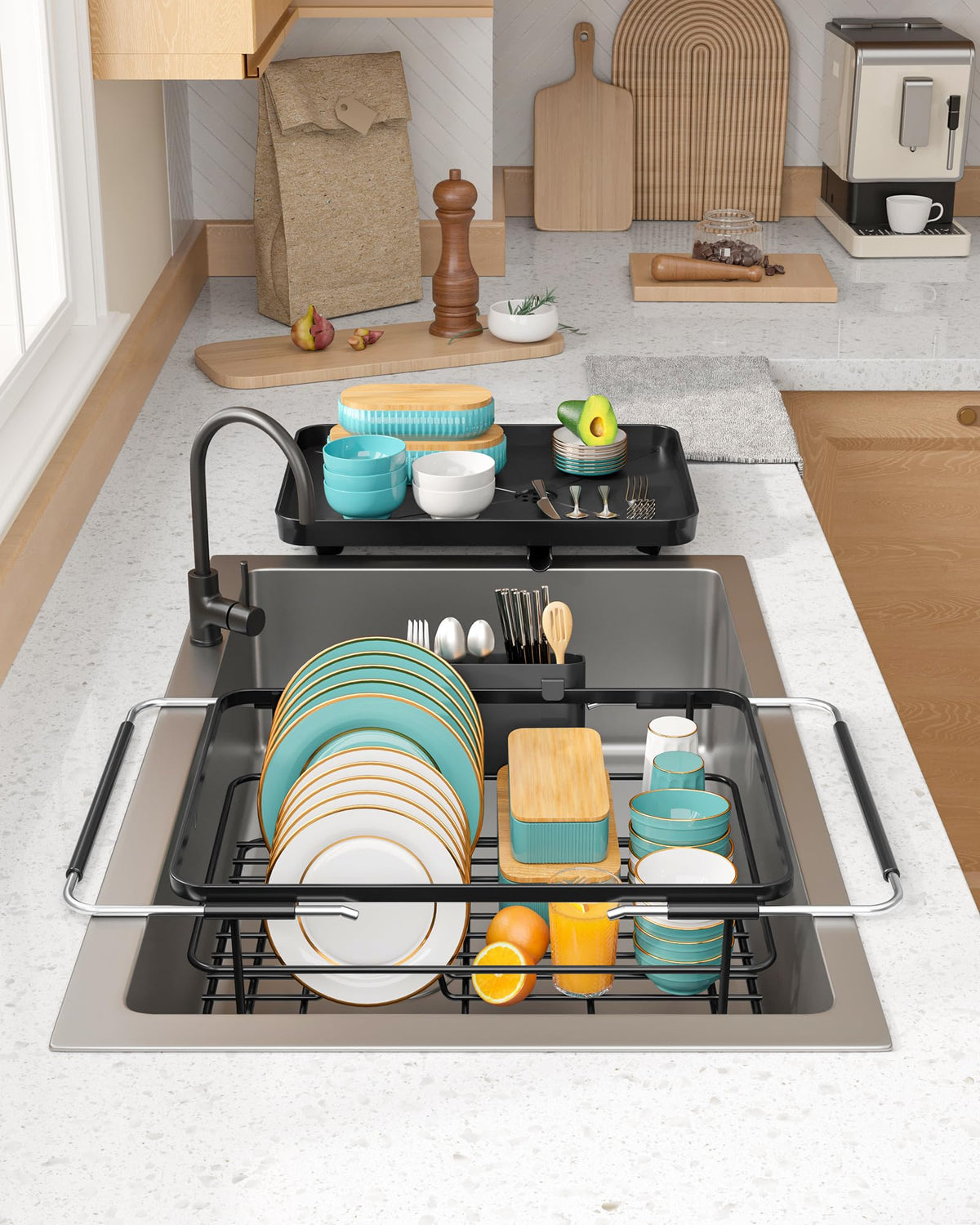 Extendable Dish Drying Rack Over Sink with Dish Drainer