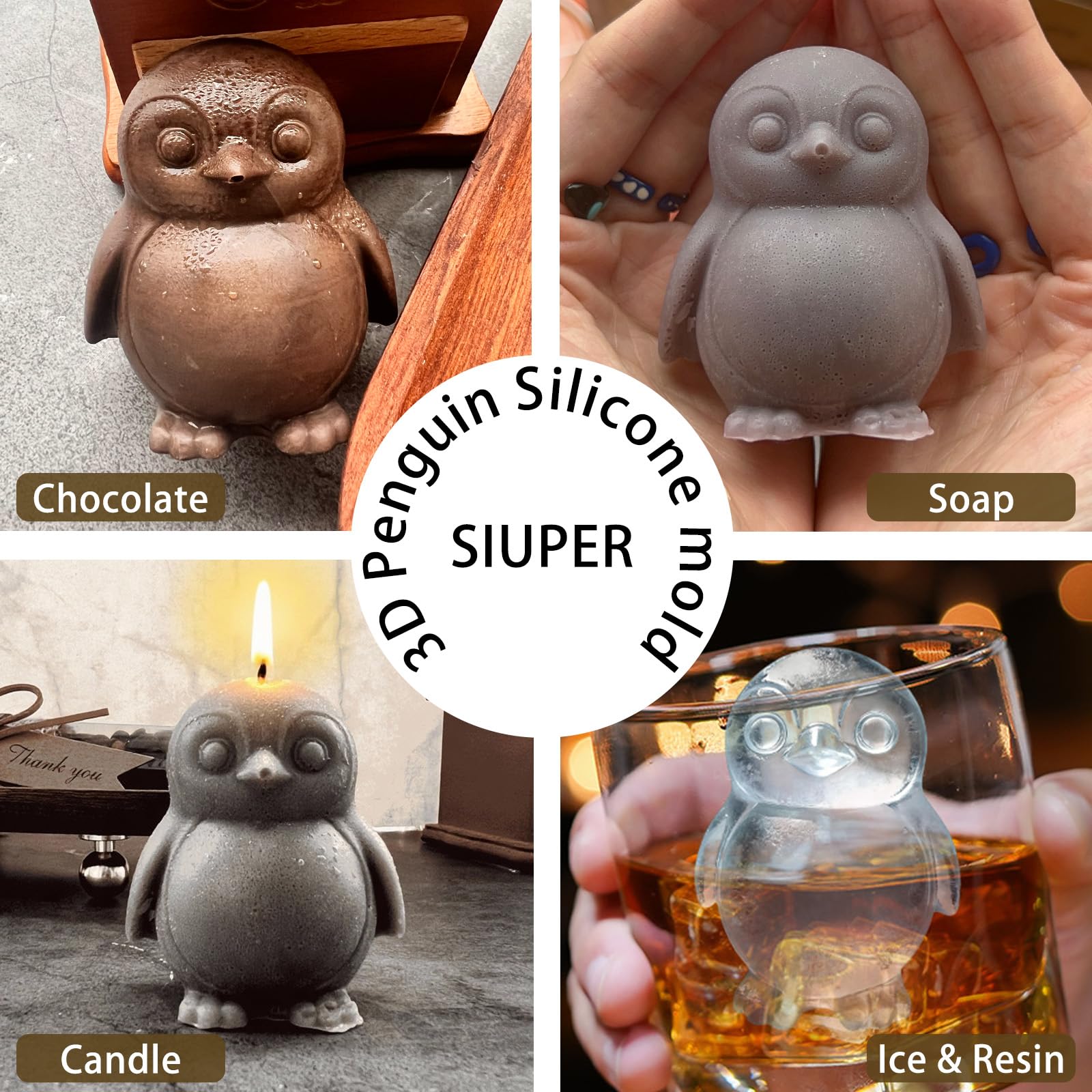 3D Penguin Ice Cube Silicone Molds Tray for Whiskey (2 Count)
