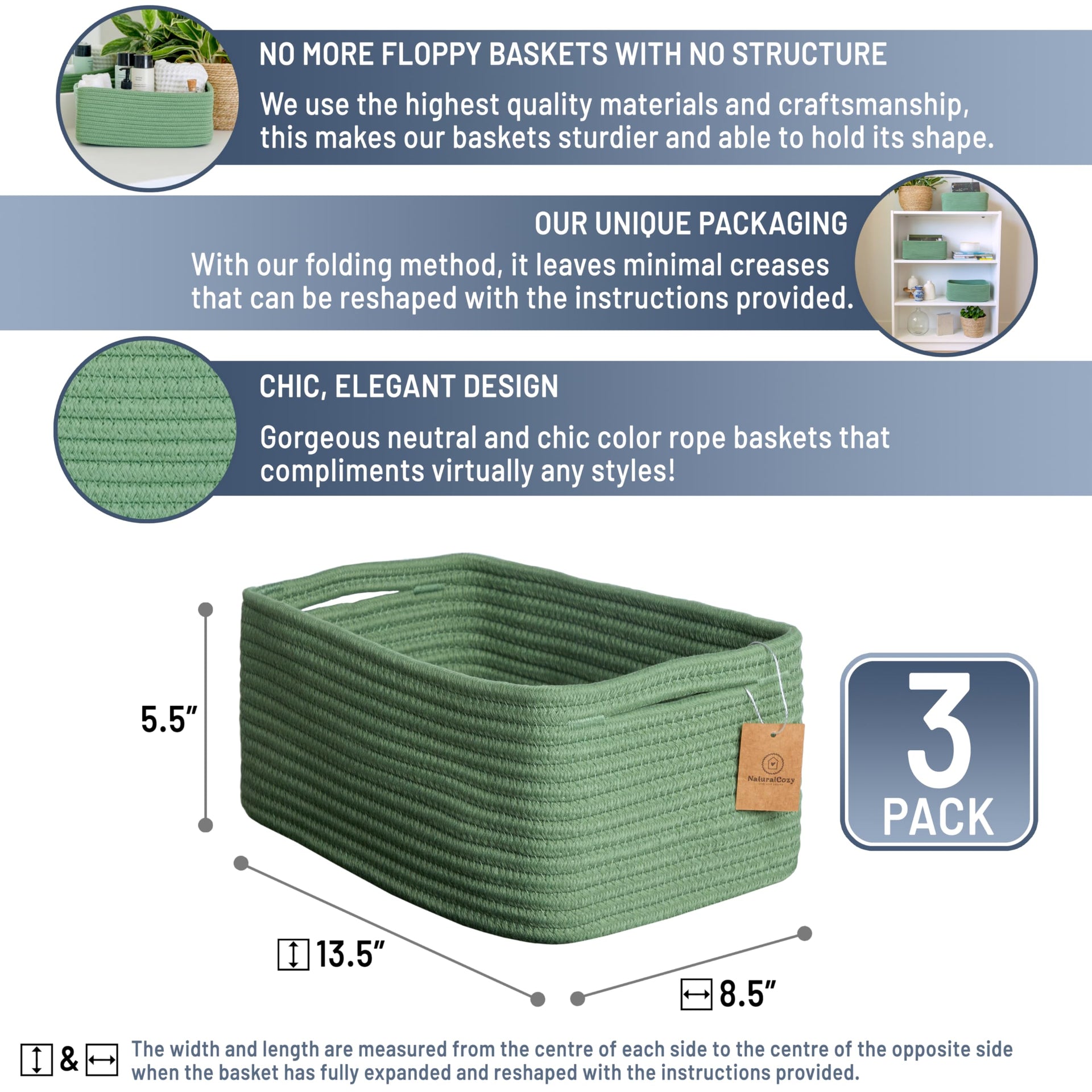 13.5”x8.5”x5.5” Rectangle Storage Baskets for Shelves 3 Pack (3 Count)